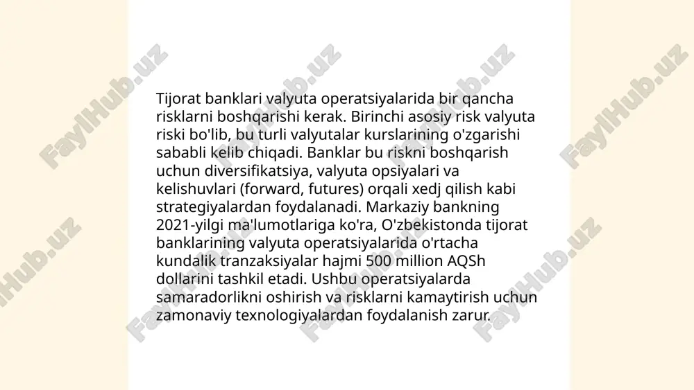 bai bo'lib, 2021 yilda bu ko'rsatkich $8 milliardga yetgan. elektron platformalar, masalan, paypal, western union orqali o'tkazmalar yanada ommalashmoqda va imkoniyatlarni kengaytirmoqda. ... t.me/slaydai_bot markaziy banklar valyuta intervensiyalari orqali milliy valyutaning kursiga ta'sir ko‘rsatish uchun valyuta bozorlariga aralashadi. masalan, o‘zbekiston markaziy banki o‘tgan yilda 3 milliard aqsh dollari miqdorida valyuta bozoriga intervensiya qilgan. ko‘pincha intervensiyalar milliy valyutaning qiymatini qo‘llab-quvvatlash yoki past darajada ushlab turish uchun amalga oshiriladi. bu iqtisodiy o‘sish va inflyatsiyani tartibga solishda yordam berishi mumkin. dunyoda eng ko‘p intervensiya qiluvchi markaziy banklardan biri yaponiya markaziy banki bo‘lib, u valyuta kurslarini barqaror saqlashni maqsad qilgan. intervensiyalar ko‘pincha qisqa muddatli bozor tendensiyalarini o‘zgartiradi. ... t.me/slaydai_bot 10. valyuta kontrollari valyuta kontrollari iqtisodiyotda davlat tomonidan chet el valyutasini almashinuvi va aylanishini boshqarishdir. o‘zbekiston markaziy banki ushbu nazoratni amalga oshiradi. 2022-yilda o‘zbekiston valyuta zaxiralari 35 milliard aqsh dollarni tashkil qildi. valyuta nazorati import-eksport operatsiyalarini, xorijiy investitsiyalarni va kapital oqimini tartibga solishga xizmat qiladi. …