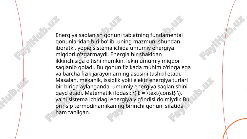 rtelot kalorimetrida kuzatiladi. ... t.me/slaydai_bot 10. adiabat jarayon adiabat jarayon gaz yoki suyuqlikning tashqi muhit bilan issiqlik almashinuvisiz sodir bo'ladigan jarayonidir. bu jarayonda ichki energiya o'zgarishi faqat ish bajarilishi hisobiga bo'ladi. ideal holatlarda adiabat jarayon uchun laplass tenglamasi qo'llaniladi: \( pv^\gamma = \text{const} \), bu yerda \( p \) bosim, \( v \) hajm, va \( \gamma = \frac{c_p}{c_v} \) – adiabata ko'rsatkichidir. adiabatik jarayonlar issiqlik dvigatellarida muhim o'rin tutadi, chunki ular samaradorlikni oshirishga yordam beradi. amaliyotda adiabat jarayon to'liq amalga oshmaydi, lekin ko'plab texnologik jarayonlarda unga yaqin holatlar kuzatiladi. ... t.me/slaydai_bot issiqlik mashinalari energiyani bir shakldan boshqa shaklga aylantiradigan qurilmalardir. ular issiqlikni mexanik ishga aylantirishda ishlatiladi. bug‘ dvigatellari, ichki yonuv dvigatellari va sovutgich sikllari bu texnologiyalarga kiradi. issiqlik mashinalarining samaradorligi karno sikliga bog‘liq bo‘lib, maksimal samaradorlik 100% ga yetmaydi. masalan, ichki yonuv dvigatellari odatda 30-40% samaradorlikka ega. issiqlik mashinalari ko‘pincha avtomobillar, samolyotlar va elektroenergiya stansiyalarida qo‘llanadi. ular ekologik ta'sirni …