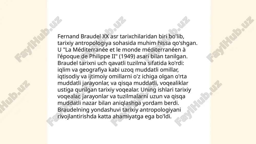 qtisodiy tarixni keng miqyosda tahlil qilish orqali tarixning yanada chuqurroq tushunilishiga hissa qo‘shgan. ... t.me/slaydai_bot "9. mentalitetlar tarixi" mavzusi insonlarning turli xulq-atvor va fikrlash usullari qanday shakllanganini o'rganadi. mentalitet tushunchasi odat, an'ana va turmush tarzini aks ettiruvchi dunyoqarashlarni o'z ichiga oladi. bu tarixiy jarayonlar madaniyat, dinga ta'sir ko'rsatib, jamiyatlarning rivojlanishida muhim rol o'ynaydi. darhaqiqat, 20-asrda fernand braudel kabi tarixchilarning ishlari bu sohani chuqurroq anglashga yordam berdi. mentalitetlarning shakllanishi uzluksiz jarayon bo'lib, geografik va madaniy omillardan o'zgarib boradi va har bir xalqning o'ziga xos milliy xarakteristikasini belgilaydi. ... t.me/slaydai_bot 10. annales maktabining manba ishlatish usullari 10. annales maktabi tarixni keng kontekstda o‘rganishga e’tibor qaratib, manbalarni turli yo‘nalishlarda ishlatishni taklif etadi. ushbu maktab yana ijtimoiy, iqtisodiy va madaniy jarayonlarni o‘rganishga alohida ahamiyat beradi. annales maktabi tarixiy tadqiqotlarda yodgorliklar, yozma hujjatlar, demografik ma’lumotlar kabi turli manbalar bilan ishlash usullarini ishlab chiqqan. ularning maqsadi tarixiy manbalarni faqat ketma-ket xronologik tartibda tahlil qilish emas, balki …