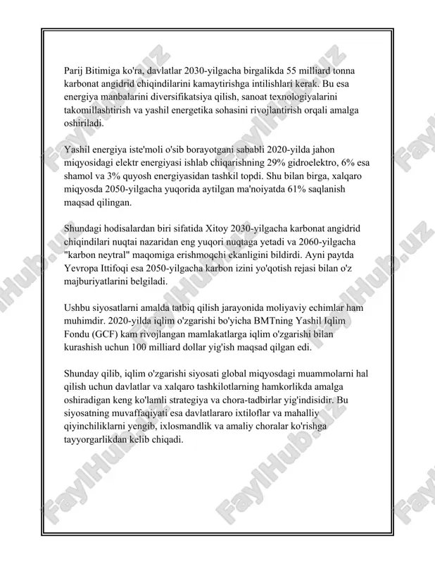 iyalar joriy etilgan. yevropada 95% dan ortiq oqova suvlar rekultivatsiya qilinadi va qayta ishlanadi. #### 3. biologik xilma-xillikni saqlash strategiyalari - **qorralangan hududlar:** ko'plab mamlakatlar biologik xilma-xillikni saqlash uchun milliy bog'lar va qorralangan hududlar tashkil qilishgan. masalan, kosta-rikada mamlakatning 25% hududi milliy park va qo'riqxonalar sifatida himoyalangan. - **noyob turlarni saqlab qolish:** xalqaro tashkilotlar va tergovlar turlarni qirg'indan saqlash uchun genetik omborlarni yaratmoqdalar. misol uchun, norvegiyada "seed vault" nomli muhofaza qilingan banka hududi mavjud bo'lib, unda 1 milliondan ortiq urug' namunasi saqlanmoqda. #### 4. chiqindilarni kamaytirish strategiyalari - **qayta ishlash dasturlari:** qayta ishlash inson salomatligi va atrof-muhitni himoya qilishning muhim tuzilmalaridan biridir. yaponiyada turli materiallar, shu jumladan, plastik va metallar, 80% dan ortiq qayta ishlanadi. - **chiqindi miqdorini kamaytirish qonunlari:** yevropa ittifoqida chiqindi ishlab chiqarishni kamaytirishga qaratilgan "circular economy package" nomli qator qonunlar ishlab chiqilgan. ushbu qonunlarning maqsadi, 2030 yilga kelib, qattiq chiqindilarni 70% ga qayta ishlashga erishishdir. har bir …