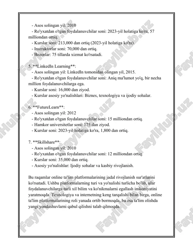ham ta’lim sohasidagi muhim yo‘nalishlardan biri bo‘lmoqda. 3. masofaviy ta'limning afzalliklari masofaviy ta'lim - bu zamonaviy texnologiyalar yordamida o‘qituvchi va o‘quvchilarning bir joyda bo‘lmagan holda ta’lim olish jarayoni. masofaviy ta'limning ko‘plab afzalliklari bor. shulardan eng ahamiyatli bo‘lganlarini ko‘rib chiqamiz. 1. **harajatlarni tejash**: masofaviy ta'lim an'anaviy ta'lim bilan solishtirganda kamroq moliyaviy resurslarni talab qiladi. talabalar uyida yoki boshqa qulay joyda o‘qish imkoniyatiga ega bo‘lgani uchun transport, yotoq va oshxona xarajatlari yo‘q bo‘ladi. statistik ma'lumotlarga ko‘ra, masofaviy ta'lim bilan shug‘ullangan talabalar kamida 30% xarajatlarni tejashlari mumkin. 2. **hududiy cheklanishlarning yo‘qligi**: masofaviy ta'lim internet orqali amalga oshirilgani uchun talabalar geografik joylashuvdan qat’i nazar bilim olish imkoniga ega. toshkentdek yirik shahar yoki qoraqalpog‘istonning chekka hududida yashayotgan o‘quvchilar o‘rtasidagi imkoniyatlar farqi kamayadi. bu esa ta'limning ommaviylashishiga yordam beradi. 3. **vaqtni tejash**: o‘quvchilar darslar uchun qatnashmasdan o‘z uyidan ta'lim ola oladi. bu esa ularga vaqtni juda ko‘p tejaydi. tadqiqotlar shuni ko‘rsatadiki, o‘quvchilar o‘rtacha 10-15% ko‘proq vaqtni …
