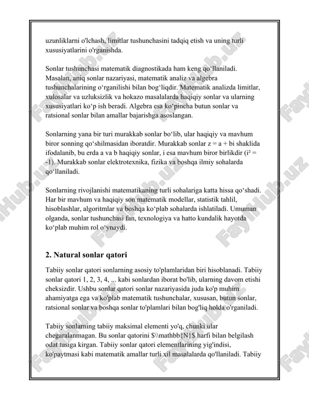 atori orqali matematikada ko‘plab turlarga mansub masalalarni yechish mumkin bo‘ladi, masalan, raqamlar nazariyasi, algebraik strukturaviy o‘rganishlar va boshqalar. 3. sonlar va sanash tizimlari sonlar va sanash tizimlari haqida ma'lumot berishdan avval, sonlar va sanash tizimlarining ta'riflarini tushunish kerak. sonlar matematikada asosiy tushunchalardan biri bo'lib, ular miqdorlarni ifodalash va hisoblash uchun ishlatiladi. sonlar ko'pligi va ularning o'ziga xos sanash tizimlari orqali turli miqdor va kattaliklarni aniqlash imkoniyatini beradi. sanash tizimi sonlarni ifodalash va yozib olish usulidir. turli madaniyatlar va davrlarda turli xil sanash tizimlari rivojlangan. eng keng tarqalgan sanash tizimlari o'nli (decimal), ikkilik (binary), sakkizlik (octal), va o'n oltilik (hexadecimal) sanash tizimlaridir. o'nli sanash tizimi - bu eng keng tarqalgan va kundalik hayotda qo'llaniladigan sanash tizimidir. u 10 ta raqamdan: 0, 1, 2, 3, 4, 5, 6, 7, 8 va 9 raqamlaridan iborat. har bir raqam o'nning biror darajasidagi qat'iy qiymatni ifodalaydi. masalan, 237 o'nli soni 2*100 + 3*10 + 7*1 …
