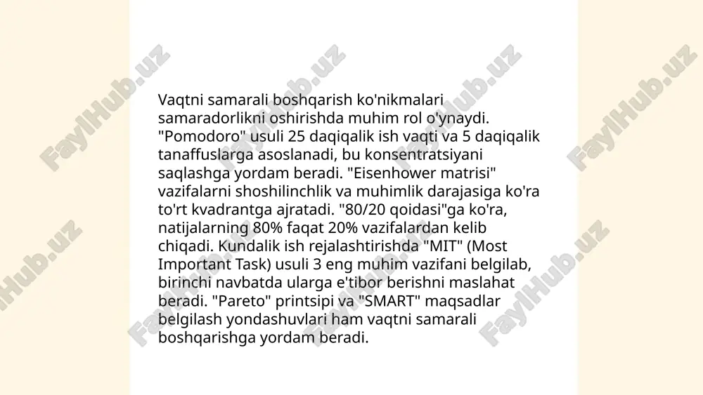 olalar o'qib, ma'lumotlarni tahlil qilish va baholash tajribasini boyitish muhimdir. har xil fikrlarni muhokama qilish va tahlil qilish orqali muammolarga alternativ yechimlar topish imkoniyati oshadi. oxirgi usul esa doimiy ravishda fikr yuritish va fikrlarni yozib tayyorlashdir. ... t.me/slaydai_bot moslashuvchanlik va o'zgarishlarni qabul qilish hozirgi davrda muhim ko'nikma hisoblanadi. tadqiqotlar shuni ko'rsatadiki, moslashuvchan xodimlar ish joyida 20% ga ko'proq samaradorlikka ega. o'zgarishlarni qabul qilish darajasi yuqori bo'lgan tashkilotlar esa bozor ulushini 35% gacha oshirishi mumkin. moslashuvchanlikni rivojlantirishda o'rganish va qayta o'rganishga moyillik muhimdir: insonlar har 4 yilda ko'nikmalarini yangilashi zarur. jamoalarda diversity, ya'ni xilma-xillik mavjud bo'lsa, ijodkorlik 15% ga oshadi. ushbu xususiyatlar raqobatdosh ustunlikni ta'minlaydi va organizatsiyalarning o'zgaruvchan iqtisodiy sharoitlarda muvaffaqiyatli bo'lishiga hissa qo'shadi. ... t.me/slaydai_bot 10. shaxsiy rivojlanish va o'z-o'zini baholash shaxsiy rivojlanish va o'z-o'zini baholash hayotda muvaffaqiyatga erishish uchun muhim jarayon. o'z-o'zini baholash individning kuchli va zaif tomonlarini aniqlashga yordam beradi. yiliga o'rtacha 40% odamlar o'z mahoratini oshirish uchun …