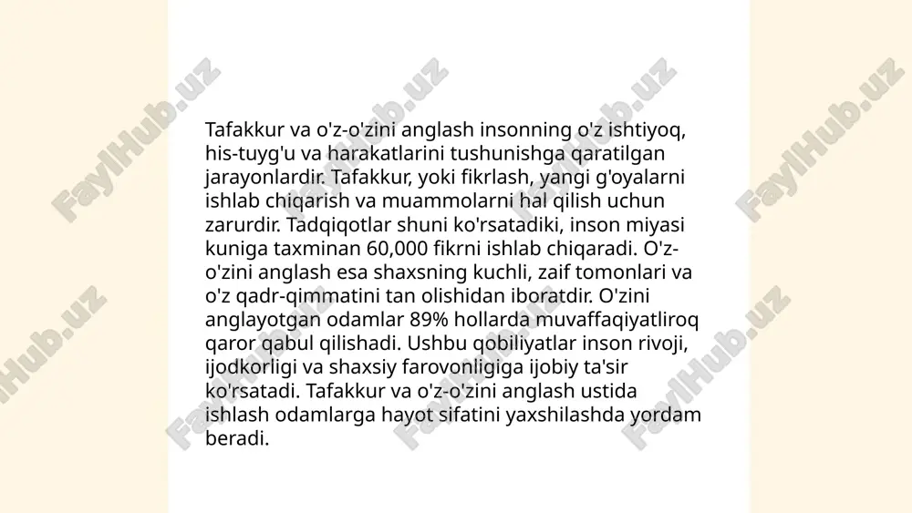 .. t.me/slaydai_bot tafakkur, yoki chuqur o‘ylash, insonning o‘z-o‘zini anglash va dunyoni tushunishida muhim rol o‘ynaydi. bu tafakkur jarayonida inson voqealarga va narsalarga yangicha yondashishni o‘rganadi. tafakkurning dolzarbligi zamonaviy davrda yanada muhimdir, chunki globalizatsiya va texnologiya taraqqiyoti insoniyat oldida yangi muammolarni keltirib chiqardi. tafakkur qilish qobiliyati kritikal fikrlashni, ya'ni hodisalarni mustaqil va yoruqlik bilan tahlil qilishni rivojlantiradi. dolzarb masalalarga to‘g‘ri yechim topish uchun yosh avlodni tafakkur qilishga o‘rgatish zarur. shu sababli, tafakkur madaniyatini rivojlantirish bugungi kunda har bir jamiyat uchun asosiy vazifalardan biri hisoblanadi. ... t.me/slaydai_bot 10. tafakkur va motivatsiya tafakkur va motivatsiya bir-biri bilan chambarchas bog'liq tushunchalardir. tafakkur insonning analitik va ijodiy fikrlash qobiliyatini ifodalaydi. u orqali inson maqsadlariga erishish uchun yo'nalishlar belgilaydi. motivatsiya esa insonni harakatga undaydigan ichki kuchdir. psixologlar ta'kidlashicha, kuchli motivatsiya 70% muvaffaqiyatga erishishni ta'minlaydi. tafakkur jarayonlarini rivojlantirish orqali motivatsiyani jadallashtirish mumkin. statistika ko'rsatkichlariga ko'ra, motivatsiyaga ega insonlar, har kuni 20-30 daqiqa tafakkurga vaqt ajratganida, o'z maqsadlariga …