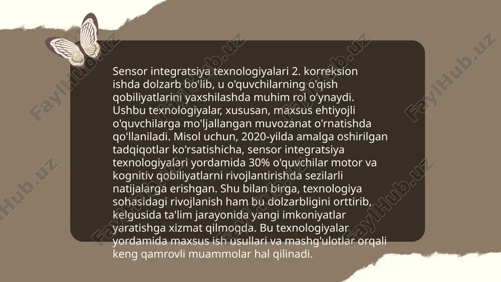 bozorda yanada koʻproq rivojlanishga hissa qo'shishi kutilmoqda. ... t.me/slaydai_bot 8. bolalar bog'chasida sensorli integratsiya faoliyatlari bolalar rivojlanishiga yordam beradi. sensorli integratsiya faoliyatlari orqali bolalar teginish, hidlash, ko‘rish, eshitish va boshqa sezgi organlari orqali atrof-muhitni anglaydilar. harakat va sezgi tajribalari bolalarning motor ko‘nikmalarini rivojlantiradi. ushbu faoliyatlar orqali bolalar erta yoshda o‘rganishga tayyor bo‘lishadi va bu o‘quv jarayonlariga ijobiy ta'sir ko'rsatadi. bog'chada maxsus o'yinlar va mashg‘ulotlar orqali sensorli tajriba yaratish muhim. shuningdek, bu usullar bolalarning ijtimoiy va kognitiv rivojlanishini ham qo‘llab-quvvatlaydi. sensorli integratsiya muammolari bor bolalar uchun ham bunday mashg‘ulotlar juda foydalidir. ... t.me/slaydai_bot sensorli integratsiya orqali ta'lim jarayonini qo'llab-quvvatlash maktabgacha ta'limda muhim ahamiyatga ega. ushbu yondashuv bola ning 5 asosiy hissiy tizimlari (taktil, vestibular, proprioseptiv, auditiv va vizual) orqali ma'lumotni qayta ishlash qobiliyatini rivojlantiradi. sensorli integratsiya muammolari bo'lgan bolalar maktabda diqqat, harakat va o'rganishda qiyinchiliklarga duch kelishlari mumkin. sensorli o'yinlar va mashqlar o'quvchilarning sensorli tizimlarini rag'batlantirib, ularning xotira va kontsentratsiya qobiliyatlarini …