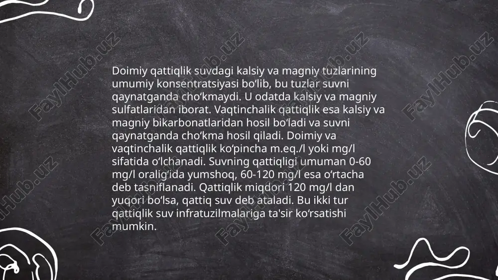 sellyulozali tolalarni gidroksidi eritmalar yordamida yumshatish mumkin. bu jarayon tekstil sanoatida keng qo'llaniladi, masalan, matolarning silliq va yumshoq bo'lishini ta'minlash uchun. yumshatish jarayonida ma'lum miqdorda issiqlik va reaktivlar, masalan, sulfat kislota yoki natriy gidroksid, ishlatilishi mumkin. shu bilan birga, jarayon natijasida chiqindilarni to'g'ri boshqarish talab etiladi, chunki kimyoviy moddalar ekologik muammolarni keltirib chiqarishi mumkin. ... t.me/slaydai_bot 10. suv qattiqligi va sanoat jarayonlari 10. suv qattiqligi va sanoat jarayonlari suv qattiqligi uning tarkibidagi kaltsiy va magniy ionlarining konsentratsiyasi bilan belgilanadi. qattiq suv sanoat jarayonlariga, masalan, qozonlarda tatar va qoldiq hosil qilishi mumkin bo'lganligi sababli salbiy ta'sir ko'rsatadi. qattiq suvdan foydalanish natijasida texnologik uskunalarda bitta millimetr qalinlikdagi ohak cho‘kmasi issiqlik o'tkazuvchanlikni taxminan 12% ga kamaytirishi mumkinligi aniqlanadi. suvning optimal qattiqligi gashastalik tufayli o‘rtacha 1,5–2 mmol/l oralig‘ida bo‘lishi maqsadga muvofiq. shu sababli, qattiq suvni yumshatish texnologiyalari, masalan, ion almashinuvi yoki membrana filtratsiyasi, sanoat uchun muhim ahamiyat kasb etadi. ... t.me/slaydai_bot xulosa suvning qattiqligi …
