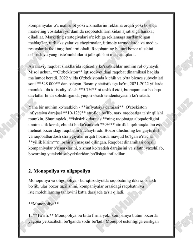vtomobil sanoatida ustunlik qiluvchi 5 yirik kompaniya butun bozordan 80% ulushni egallaydi. - oligopoliyalik bozorlarda narxlar o'zgarishi odatda 5-10% oralig'ida bo'ladi. bu ikki tushunchaning iqtisodiy ahamiyati katta. monopoliyalarda yirik kompaniyalar ko'pincha innovatsiyalarni rag'batlantirish imkoniyatiga ega bo'lish imkoniyatiga ega bo'lsalar ham, ular bilan bog'liq bo'lgan iste'molchilar uchun yuqori narxlar va chegaralangan tanlov muammolar ko'tarishi mumkin. oligopoliyalar esa raqobatni saqlanishini ta'minlasa-da, ba'zan narx kelishuvlarini (kartel kelishuvlarini) va bozor hukmronligini qo'llab-quvvatlashi mumkin. shu sababli, hukumatlar va tartibga soluvchi organlar monopoliya va oligopoliyalarni boshqarish va nazorat qilish, iste'molchilar manfaatlari himoyalanishini ta'minlash uchun muhim rol o'ynaydi. 3. erkin bozor raqobati erkin bozor raqobati — bu bozor iqtisodiyotining asosiy tamoyillaridan biri bo‘lib, u bozordagi turli ishtirokchilar o‘rtasida tovar va xizmatlar uchun raqobatni anglatadi. bu raqobat bozor mexanizmlarini rivojlantirishda va iqtisodiyot samaradorligini oshirishda muhim rol o‘ynaydi. quyida erkin bozor raqobati bilan bog‘liq ba'zi muhim ma'lumotlar va raqamlar keltirilgan. 1. **iqtisodiy o'sish**: - raqobatli bozor tizimi o'rtacha iqtisodiy …