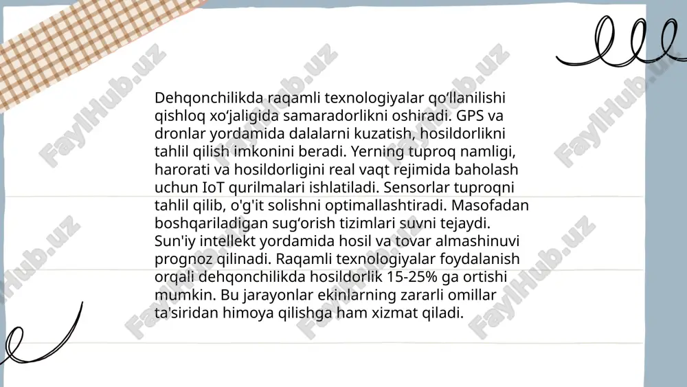 ni 75 million gektarni tashkil etdi. asosiy mahsulotlar orasida don, sabzavotlar, mevalar va sut mahsulotlari bor. jahonda organik oziq-ovqat bozori 2019-yilda qariyb 114 milliard dollarni tashkil etdi. yevropa ittifoqida organik yer ulushi qishloq xo‘jaligi yerlarining 8,5 foiziga teng. o‘zbekiston hukumati 2030-yilgacha organik mahsulotlar ulushini oshirish hamda ushbu sohada innovatsiyalarni joriy qilish rejalashtirmoqda. bu, o‘z navbatida, ekologik toza va sog‘lom mahsulotlar yetishtirishga yordam beradi. ... t.me/slaydai_bot ulgurji savdo va taqsimot tizimlari ko'p miqdordagi mahsulotlarni ishlab chiqaruvchilardan sotib olib, ularni chakana sotuvchilarga yoki yirik iste'molchilarga yetkazib berishga qaratilgan. o'zbekistonda 2022-yilda ulgurji savdo hajmi 406,3 milliard so'mni tashkil etdi. taqsimot tizimlari samarali faoliyat uchun logistika, transport va saqlash jarayonlarini birlashtiradi. mahsulotlar omborlardan 24 soat ichida yetkazilishi mumkin, bu esa tezlik va sifatni oshiradi. so'nggi yillarda onlayn savdo taqsimot tizimlarining yanada rivojlanishiga turtki bermoqda. bu tizimlarda zamonaviy texnologiyalar va raqamli platformalar foydalanish prosessini optimallashtirishga yordam bermoqda. ... t.me/slaydai_bot 10. energiya samaradorligini oshirish energiya samaradorligini …