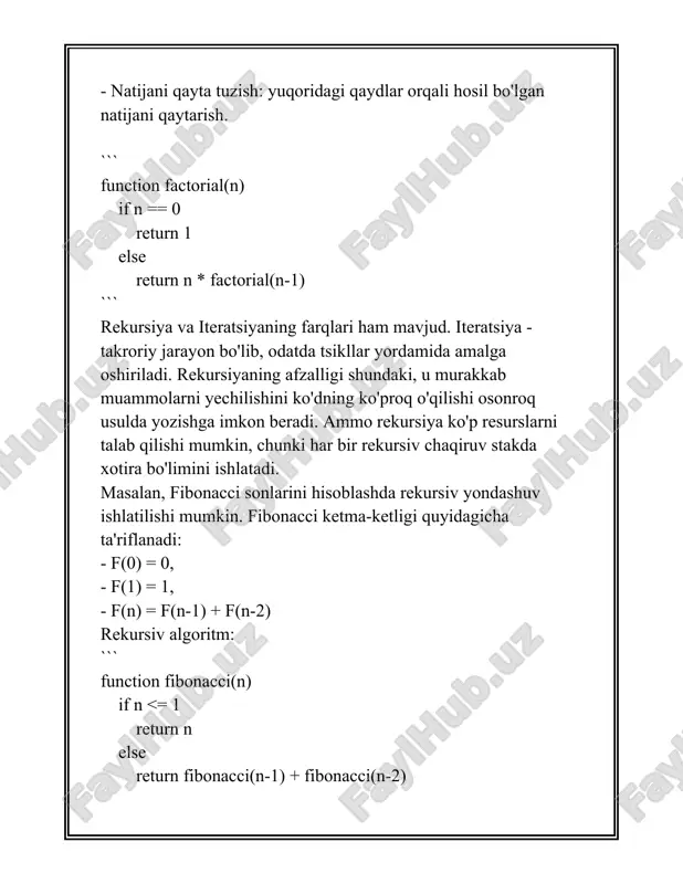 dik algoritmlarda yechim topish uchun ikkala yondashuv ishlatiladi: rekursiv usul murakkab tuzilishga ega bo'lgan masalalarda foydali, iterativ esa oddiy va tez yechim talab qiladigan masalalarda samarali. - rekursiv algoritmlar ko‘pincha kodni soddalashtirishi mumkin bo‘lsa-da, juda chuqur rekursiv chaqiriqlar ko‘p xotira talab qilishi mumkin. bu iteratif usulda esa uncha katta muammo bo‘lmaydi. - agar hisoblashlar juda katta miqdorda bo‘lsa, iterativ yondashuv ko‘proq afzalliklarga ega bo‘ladi. har ikkala usul ham ma’lum sharoitlarda juda qulay bo‘lishi mumkin va dasturchilar ko‘pincha muayyan masalalarga va cheklovlarga qarab qaysi yondashuvdan foydalanishni hal qilishadi. matematik va algoritmik masalalarda rekursiv va iterativ yondashuvlarni tushunish va to'g'ri qo'llash, optimal va samarali dasturlar yaratishda asosiy omillardir. 4. oddiy rekursiv algoritmlar misollari oddiy rekursiv algoritmlar – dasturlashning muhim konsepsiyalaridan biri bo‘lib, muammolarni o‘z-o‘zidan pastroq submuammoni hal qilish orqali yechishni ta’minlaydi. rekursiya, odatda, algoritm bir qator oddiy qadamlar bilan yakunlanadigan holatda faoliyat yuritadi, va bu qadamlarning asosiy komponentasi bazaviy holat (rekursiyaning tugalash …