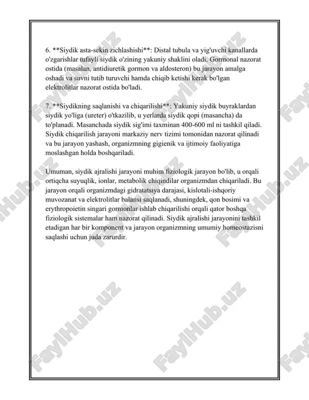 lan ta'minlash imkonini beradi. 9. **d vitamin sintezida ishtirok etish**: buyraklar d vitaminini faollashtiradi, bu esa kaltsiy va fosfatlarning organizmda so‘rilishini yaxshilaydi. bu yondashuv suyak sog‘lomligini ta'minlash uchun o‘ta muhimdir. bu funktsiyalar orqali buyraklar inson organizmini muvozanatda saqlashda g‘oyat muhim rol o‘ynaydi. shu sababli, buynganak kasalliklari va ularning normal ishlashidagi buzilishlar inson salomatligi uchun jiddiy xavf tug‘dirishi mumkin, va ularni profilaktik ko‘rikdan o‘tkazish muhim hisoblanadi. 3. siydik miqdorini boshqarish siydik miqdorini boshqarish haqida ma'lumot berishda urinib ko'raman. siydik miqdorini boshqarishga turli omillar ta'sir ko'rsatadi. inson organizmi kun davomida o'rtacha 1,5-2 litr siydik chiqaradi. bu miqdor insonning yoshiga, jinsiga, hayoti tarziga va suyuqlik iste'moli darajasiga qarab o'zgarishi mumkin. sanoa'atchilar tomonidan belgilangan suyuqlik iste'mol qilish miqdori kuniga kamida 2-3 litrni tashkil qiladi. bunda faqat suv emas, balki turli ichimliklar va oziq-ovqat mahsulotlari tarkibidagi suyuqlik ham hisobga olinadi. namunalar ko'rsatishicha, odamning 70% suyuqligini suvdan, qolgan 30% esa oziq-ovqat va ichimliklardan olishi mumkin. siydikning …