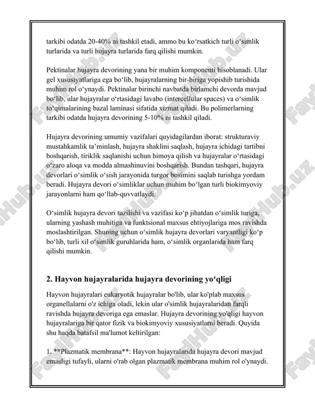 ra bo'lmagani uchun hujayra osmotik bosimga nisbatan yanada aniqroq va moslashuvchan shaklda javob bera oladi. 6. **skelet tizimi**: ko'pincha hayvonlar umurtqali hayvonlar bo'lib, ularning to‘liq rivojlangan skelet tizimi mavjud. bu harakat uchun qulaylik yaratadi va himoya vazifasini bajaradi, natijada hujayra devori kerak emas. 7. **xavfli holatlarda himoyalanish**: hujayra devorining bo'lmasligi tufayli hayvon hujayralari to‘g‘ridan-to‘g‘ri himoya mexanizmlariga tayanadi, masalan: immun tizimi va himoya reaktsiyalari. hujayraning dasturlashtirilgan o'lish jarayoni (apoptoz) hujayra devorisiz o'lik va mushkul holatlardan ehtiyotlanishiga qodir. 8. **matritsaga hosil bo'lishi**: ko'plab hayvon hujayralari mexanik qo'llab-quvvatlash va himoya qilish uchun ekstrasellar matritsa ishlab chiqaradi, bu jilotin turidagi moddalar hujayraning shaklini va zararlardan himoya qiladi. ushbu elementlarning barchasi hayvon hujayralariga o'zlariga xos rivojlanishga va yanada moslashuvchan bo'lishiga imkon beradi. hayvon hujayralari hujayra devori yo'qligi tufayli ko'proq hajmdorligini va murakkab strukturalarni rivojlantira olish imkoniyatiga ega. 3. oʻsimliklar va hayvonlarda joylashgan yadro yadro hujayraning muhim tarkibiy qismi bo'lib, u barcha eukaryotik organizmlarda, shu jumladan …