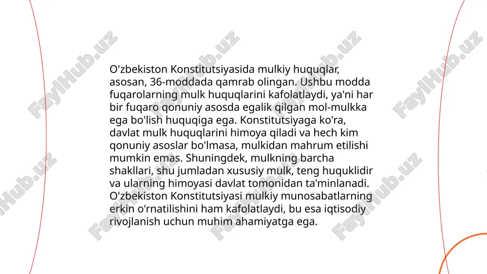 publikasining fuqarolik kodeksi bilan tartibga solinadi. ushbu huquq meros qoldiruvchining vafotidan keyin uning mol-mulki avlodlariga o‘tishini ta'minlaydi. meros olish tartibi quyidagicha: birinchi navbatda, meros qoldiruvchining farzandlari, er-xotini va ota-onasi meros oladi. agar ular mavjud bo'lmasa, ikkinchi navbatga aka-uka, opa-singillar kiradi. merosni qabul qilish muddati meros qoldiruvchining vafotidan keyin 6 oy ichida amalga oshirilishi lozim. agar muddat o‘tgan bo‘lsa, meros sud orqali tiklanishi mumkin. meros huquqi bo‘yicha o‘zbekistonda eng kam albatta ulush ulashiladi. ... t.me/slaydai_bot 10. uy-joy kodeksida mulkiy masalalar 10. uy-joy kodeksi oʻzbekiston respublikasida fuqarolarning uy-joyga boʻlgan huquqlarini tartibga soluvchi asosiy huquqiy hujjatdir. ushbu kodeksda mulkiy masalalar, ya'ni uy-joy mulkdorligi, ularni sotish yoki ijaraga berish tartibi, mulk huquqining davlat ro'yxatidan o'tkazilishi kabi masalalar ko'rib chiqiladi. ayniqsa, uy-joylarni xususiylashtirish va ko'chmas mulkka egalik huquqlari, mulkdorlarning huquq va majburiyatlari batafsil bayon etiladi. kodeksda mulkiy nizolarni hal etish va bu boradagi daʼvolarni koʻrib chiqish tartiblari ham keltirilgan. bu tartiblar 2023 yilgacha bo'lgan davrda …