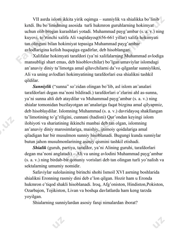 quqiga egadirlar, deb hisoblangan. xalifalar hokimyati tarafdori (ya’ni xalifalarning muhammad avlodiga mansubligi shart emas, deb hisoblovchilar) bo’lgan umaviylar islomdagi an’anaviy diniy ta’limotga amal qiluvchilarni da’vo qilganlar sunniylikni, ali va uning avlodlari hokimyatining tarafdorlari esa shialikni tashkil qildilar. sunniylik (“sunna” so’zidan olingan bo’lib, asl islom an’analari tarafdorlari degan ma’noni bildiradi.) tarafdorlari o’zlarini ahl as-sunna, ya’ni sunna ahli deb ataydilar va muhammad payg’ambar (s. a. v.) ning shialar tomonidan buzilayotgan an’analariga faqat bizgina amal qilyapmiz, deb hisoblaydilar. islomning muhammad (s. a. v.) davridayoq shakllangan ta’limotining to’g’riligini, cunnani (hadisni) qur’ondan keyingi islom ilohiyoti va shariatining ikkinchi manbai deb tan olgan, islomning an’anaviy diniy marosimlariga, maishiy, ijtimoiy qoidalariga amal qiladigan har bir musulmon sunniy hisoblanadi. bugungi kunda sunniylar butun jahon musulmonlarining asosiy qismini tashkil etishadi. shialik (guruh, partiya, tarafdor, ya’ni alining guruhi, tarafdorlari degan ma’noni anglatadi) – ali va uning avlodini muhammad payg’ambar (s. a. v.) ning birdab-bir qonuniy vorislari deb tan olingan turli …