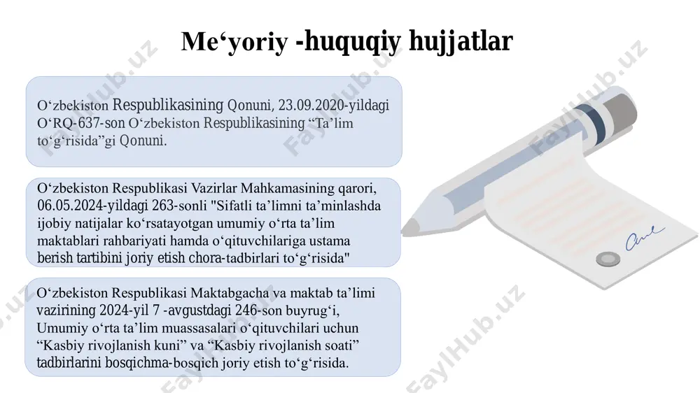 gram taklif o’qituvchilarning intellektual salohiyatini oshirish. yuqori intellektual salohiyatli o‘qituvchi va o‘quvchilarga shart sharoit yaratish va ulardan ishlarini ommalashtirish. . mavjud nomoddiy resurslarni aniqlash va ulardan samarali foydalanish bo‘yicha strategik loyihalar ishlab chiqish. nomoddiy resurslardan samarali foydalanib maktabga budjetdan tashqari mablag’ topish va moddiy texnik bazani rivojlantirish. . chora-tadbirlar jadvali № muammo amalga oshirish mexanizmi mas’ullar muddati kutilayotgan natija 1 maktabda nomoddiy resurslardan samarali foydalanish bo‘yicha pedagoglarning yetarli ko‘nikmalarga ega emasligi. maktab rahbarlari boshchiligida pedagoglarning nomoddiy resurslardan samarali foydalanish bo‘yicha maxsus trening va seminarlarni tashkil etish lozim. direktor, maktab kadrlar bo‘yicha menejer, direktor o‘rinbosari nazorat doimiy 2025-yil noyabrdan boshlab pedagoglarning ko‘nikmalari oshishi bilan nomoddiy resurslarni samarali boshqarish yo‘lga qo‘yiladi, maktabda resurslardan foydalanish yaxshilanadi va ta’lim sifati oshadi. 2 ota-onalarning ta’lim tashkilotidagi faolligini oshirish 1) har chorakda ota-onalar bilan uchrashuvlarni kuchaytirish. 2) maktab hayotiga volontyorlik asosida jalb etishni oshirish. 3) mahalla bilan qo‘shma loyihalar ishlab chiqishni mustahkamlash. direktor o‘rinbosari, sinf rahbarlari …
