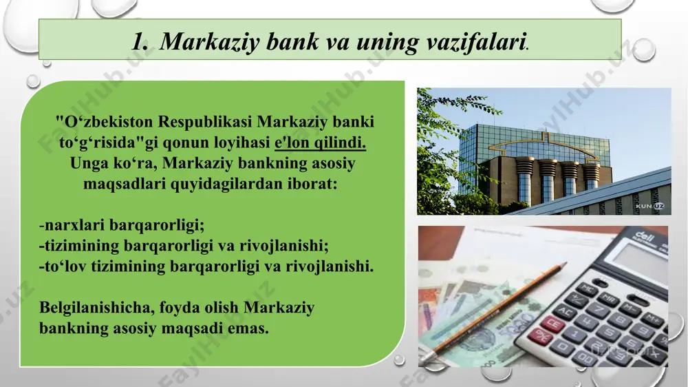 lanadigan boshqa sirni saqlashi shart. markaziy bank o‘zbekiston respublikasi banklari tomonidan o‘tkaziladigan valuta operatsiyalari ustidan valuta nazoratini amalga oshiradi. o‘zbekiston respublikasida valuta operatsiyalarini amalga oshiruvchi rezidentlar va norezidentlar quyidagi huquqlarga ega: -valutani nazorat qiluvchi organlar tomonidan o‘tkazilgan tekshiruv materiallari bilan tanishish; -valutani nazorat qiluvchi organlarning harakatlari ustidan shikoyat qilish; -valutani nazorat qiluvchi organlar va ular mansabdor shaxslarining g‘ayriqonuniy xatti-harakatlari (harakatsizligi) natijasida yetkazilgan haqiqiy zararning o‘rni qoplanishi. valuta operatsiyalarini amalga oshiruvchi rezidentlar va norezidentlar: -valutani nazorat qiluvchi organlarga so‘ralayotgan valuta operatsiyalarini amalga oshirish to‘g‘risidagi barcha hujjatlarni va axborotni taqdim etishi; -valutani nazorat qiluvchi organlarga tekshiruvlar o‘tkazish jarayonida, shuningdek ularning natijalari bo‘yicha tushuntirishlar berishi; joriy yilning oktabr oyida o‘zbekiston respublikasi markaziy bankida valuta siyosati bo‘yicha matbuot anjumani bo‘lib o‘tdi. tadbirda markaziy bank raisi mamarizo nurmuratovning aytishicha, o‘zbekiston ichki bozorida avvalgi yillarda kuchli investitsion chanqoqlik yuzaga kelgan. shuningdek, anjumanda ma'lum qilinishicha, o‘tgan yili aholidan 3,5 mlrd valuta mablag‘lari sotib olindi. 3. markaziy bank …