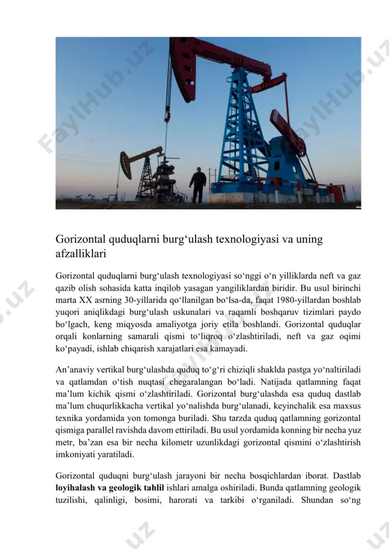 ish imkoniyati yaratiladi. gorizontal quduqni burg‘ulash jarayoni bir necha bosqichlardan iborat. dastlab loyihalash va geologik tahlil ishlari amalga oshiriladi. bunda qatlamning geologik tuzilishi, qalinligi, bosimi, harorati va tarkibi o‘rganiladi. shundan so‘ng quduqning vertikal qismi burg‘ulanadi va zarur chuqurlikka yetgach, yo‘naltirilgan burg‘ulash bosqichi boshlanadi. yo‘naltirilgan burg‘ulashda quduq yo‘nalishini o‘zgartirish uchun rotary steerable system (rss), measurement while drilling (mwd) va logging while drilling (lwd) kabi zamonaviy uskunalar ishlatiladi. bu asboblar yordamida burg‘ulash yo‘nalishi real vaqt rejimida nazorat qilinadi, qatlamning joylashuvi to‘g‘ri aniqlanadi. texnologik jarayonning muhim qismi — **burg‘ulash eritmasi (loy)**dan foydalanishdir. burg‘ulash eritmasi quduq devorlarini mustahkamlab turadi, burg‘u qoldiqlarini sirtga olib chiqadi, bosimni muvozanatda ushlab turadi va qatlamning buzilmasligini ta’minlaydi. biroq bu eritmalar tarkibida kimyoviy moddalarning mavjudligi ekologik xavf tug‘dirishi mumkin. shu sababli zamonaviy burg‘ulashda biologik parchalanadigan, ekologik xavfsiz reagentlardan foydalanish tendensiyasi kengaymoqda. gorizontal quduqlar texnologiyasi vertikal quduqlarga nisbatan bir qator afzalliklarga ega: qatlam bilan aloqa yuzasi kengayadi – bu neft va …