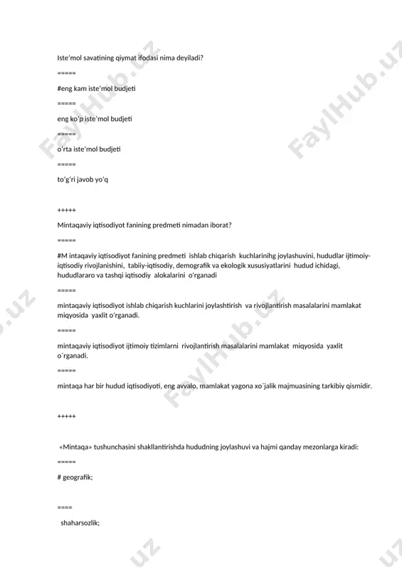 viy ekologik siyosat +++++ mintaqaviy boshqaruv organlari…? ===== #viloyatlar hokimiyatlari ===== vazirlar mahkamasi ===== mahalliy o‘z-o‘zini boshqaruv organlari ===== barchasi to‘g‘ri +++++ mintaqaviy moliya nima? ===== #mintaqalarda moliyaviy mablag‘larning shakllanishi, foydalanilishi va tasarruf etilishi jarayoni ===== mintaqalar ijtimoiy-iqtisodiy rivojlanish darajasini tenglashtirish ===== davlat ijtimoy siyosatini amalga oshirish ===== mintaqaviy bank tizimi +++++ o‘zbekitonda yalpi ichki mahsulot hajmi bo‘yicha yetakchilik qiluvchi mintaqalar? ===== #toshkent shahri, toshkent viloyati ===== sirdaryo va jizzax viloyatlari ===== navoiy va buxoro viloyatlari ===== samarqand, sirdaryo va xorazm viloyatlari +++++ budjet subvensiyasi nima? ===== #qonun hujjatlarida nazarda tutilgan tartibda muayyan maqsadlarga sarflash sharti bilan yuqori budjetdan quyi budjetga qaytarmaslik sharti bilan ajratiladigan mablag‘lar ===== yuqori budjetdan quyi budjetga qaytarib berish sharti bilan beriladigan mablag‘lar ===== hududlar bo‘yicha tovarlar qiymatining farqlanishi ===== sog‘liqni saqlashga ajratiladigan mablag‘lar +++++ mintaqaviy siyosat deb nimaga aytiladi? ===== #hududlar ijtimoiy-iqtisodiy rivojlanishining davlat tomonidan tartibga solinishi ===== mintaqalardagi mavjud tabiiy resurslar hajmi, sifati va …