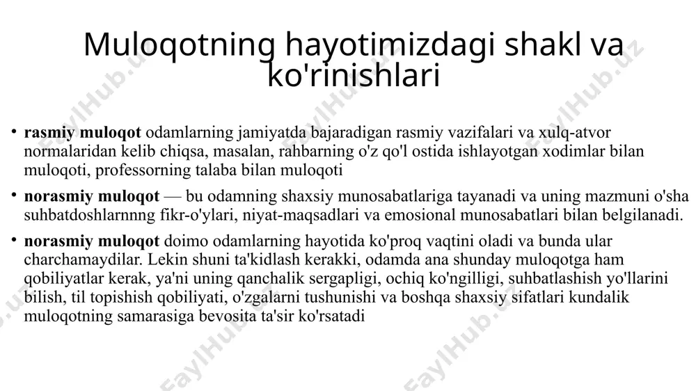 lari, buyruq ko'rsatma berish, qo'llanma bilan ishlash, xayfsan e'lon qilish. muomalada qo'pol, dag'al. do'q-po'pisali majbur etish, qo'rqitish, cho'chish orqali kirishadi. avtoritar uslubning ijodiy tomoni favqulodda vaziyatlarda qo'l kelishi.. munosabatni bu uslubda boshqarishi atrofdagilar uchun qiyin yoki og'ir ahvol 2. demokratik uslub kollektiv fikriga tayanib ish olib boradi. kollektiv fikrini, tashabbusini ma'qullaydi, rivojlatiradi boshqalar fikriga hurmat bilan qaraydi. boshqalar fikrini o'ziniki qilib oladi. muloqotga kirishishning asosiy shakllari: iltimos, maslahat berish, samimiy muomala 3. liberal uslub. tashabbussiz kollektiv ishiga aralashmaydi. hamma masalalarni yuzaki qarab chiqadi. o'zining fikri yo'q, javobgarlikdan o'zini chetlatadi. ish natijasi bilan qiziqmaydi. bolalarga e'tiborsizlik, beg'am qaraydi. o'z ishiga sovuqqon bo'lib qaraydi.