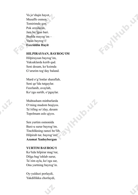 ga yoqqan rangni aytdi. ko‘k, oq, yashil, qizil ranglar tartiblanib, chiroyli milliy bayrog‘imiz hosil bo‘lganidek, biz ham – turli-tuman odamlar yig‘ilib yagona millatga aylanamiz! buni unutmang! asosiy qism. ranglar ma’nosi (25 daqiqa) oʻqituvchi: bayroqning tug‘ilgan kuni qanday o‘tyapti? o‘quvchilar: ajoyib! oʻqituvchi: bayroqning aka-ukalarini ham bilasizmi? o‘quvchilar: gerb, madhiya, so‘m... o‘qituvchi: bularning orasida to‘ng‘ichi – eng katta aka qaysi biri? o‘quvchilar: bayroq! o‘qituvchi: ha, bayroq! nima uchun? o‘quvchilarning javobi tinglanadi. o‘qituvchi: dars avvalida bayrog‘imiz 34 yoshga kirganini aytgan edik, uning tug‘ilgan yilini kim hisoblab beradi? ha, 1991-yil 31-avgustda o‘zbekiston respublikasi mustaqilligi e’lon qilingan bo‘lsa, xuddi shu yili 18-noyabrda davlat bayrog‘imiz tasdiqlangan. boshqa milliy ramzlarimiz qabul qilingan sanalarni ham tezda eslab o‘taylik-chi? qani, faollashamiz! o‘quvchilar agar bilsalar aytadilar. agar bilishmasa, o‘qituvchi o‘zi aytadi. oʻqituvchi (doskaga yozadi): o‘zbekiston respublikasi davlat gerbi 1992-yil 2-iyulda, konstitutsiya 1992-yil 8-dekabrda, davlat madhiyasi 1992-yil 10-dekabrda qabul qilingan. milliy valyuta – so‘m esa 1994-yil 4-iyulda muomalaga kiritilgan. siz necha …