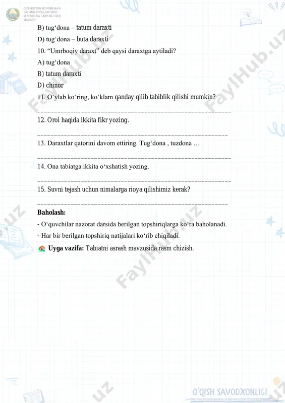 lanadi: 1. asar qahramoni haqida nima deya olasiz? 2. bolaning abu nasr ishiga qiziqishiga sabab nima deb oʻylaysiz? 3. sizningcha, yulduzlarning tili boʻladimi? 4. hikoyani mustaqil davom ettiring. ✅topshiriq: 1. hikoyadan abu nasr va muhammadning suhbatini oʻqing. 2. qahramonlarning tashqi koʻrinishi tasvirlangan gaplarni topib oʻqing. 3. hikoya qahramonlariga taʼrif bering. 4. “nayza boʻyi” iborasini izohlang. abu rayhon beruniy xorazmning qadimiy poytaxti kot (kat) shahrida tugʻilgan. yoshligidanoq ilm-fanga juda qiziqqan. ayniqsa, matematika, astronomiya, geografiya va tabiiyot fanlariga doir koʻp risolalarni oʻqib chiqqan. qadimgi xorazmiy, turkiy, fors va arab tillarini puxta oʻrgangan. u 75 yil umr koʻrgan. shu davr ichida 160 ga yaqin kitob va risolalar yaratgan. qoramagʻiz – qorachadan kelgan; usturlob – yulduzlarni kuzatish imkonini beruvchi asbob; dadillanib – oʻziga ishongan. mashq daftari bilan ishlash. 1-topshiriq. berilgan gaplarning toʻgʻri yoki notoʻgʻriligini aniqlang. toʻgʻri gaplarga  , notoʻgʻri gaplarga  belgisini qoʻying.  quyosh nayza boʻyi koʻtarilgan.  uning yuzi, koʻzi va …