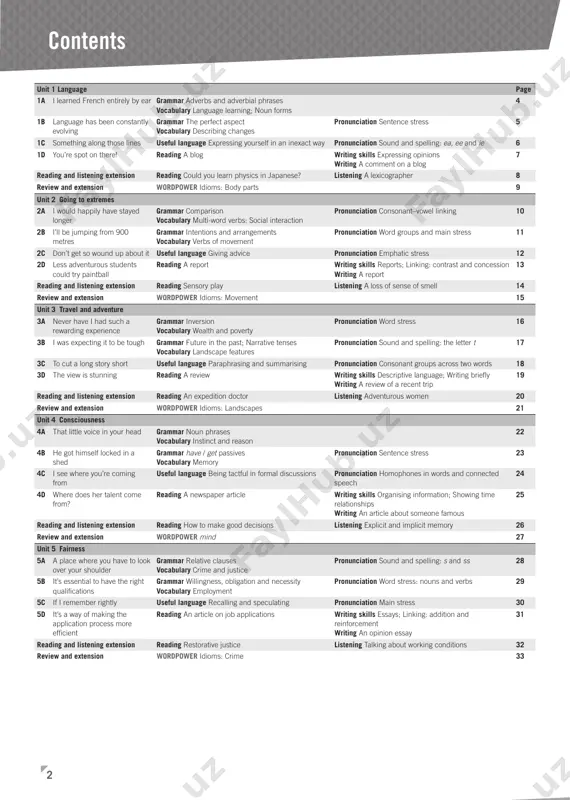 talent come from? reading a newspaper article writing skills organising information; showing time relationships writing an article about someone famous 25 reading and listening extension reading how to make good decisions listening explicit and implicit memory 26 review and extension wordpower mind 27 unit 5 fairness 5a a place where you have to look over your shoulder grammar relative clauses vocabulary crime and justice pronunciation sound and spelling: s and ss 28 5b it’s essential to have the right qualifi cations grammar willingness, obligation and necessity vocabulary employment pronunciation word stress: nouns and verbs 29 5c if i remember rightly useful language recalling and speculating pronunciation main stress 30 5d it’s a way of making the application process more effi cient reading an article on job applications writing skills essays; linking: addition and reinforcement writing an opinion essay 31 reading and listening extension reading restorative justice listening talking about working …