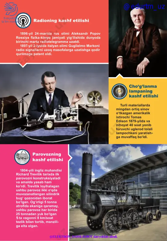 @edurtm_uz respublika ta’lim markazi @elektron_darslikbot dan yuklab olindi. xix asr oxiri – xx asr boshlarida jahon mamlakatlari: industrial sivilizatsiyaning qaror topishi i bob @edurtm_uz respublika ta’lim markazi @elektron_darslikbot dan yuklab olindi. 6 1- mavzu faollashtiruvchi savol va topshiriqlar 1. yangi davrning eng asosiy xususiyatlari nimalardan iborat? 2. industrial sivilizatsiya qaror topishi arafasida sharq va g‘arb mamla­ katlari orasidagi tafovutlar nimalarda namoyon bo‘ladi? industrial sivilizatsiyaning qaror topishi @edurtm_uz respublika ta’lim markazi @elektron_darslikbot dan yuklab olindi. 7 1895-yilda muhandis v. i. lopushinskiy ishlab chiqqan yuk lokomotivi xviiiasrning oxirlarida boshlangan sanoat toʻntarishi faqat sanoat- ning emas, qishloq xoʻjaligining ham rivojini belgilab berib, butun xix asr davomida koʻplab mamlakatlar taraqqiyotining asosiy mohiyatiga aylanib qoldi. dastlab angliya, uning ortidan fransiya, biroz keyinroq aqsh, germaniya, avstriya­vengriya, italiya, rossiya har xil tezlik bilan boʻlsa­da, shu yoʻldan bordilar. shunday qilib, olimlar industrial sivilizatsiya deb atagan, bosh qadriyatlari texnik taraqqiyot va inson erkinligi boʻlgan sivilizatsiya xix asrda yevropa va …