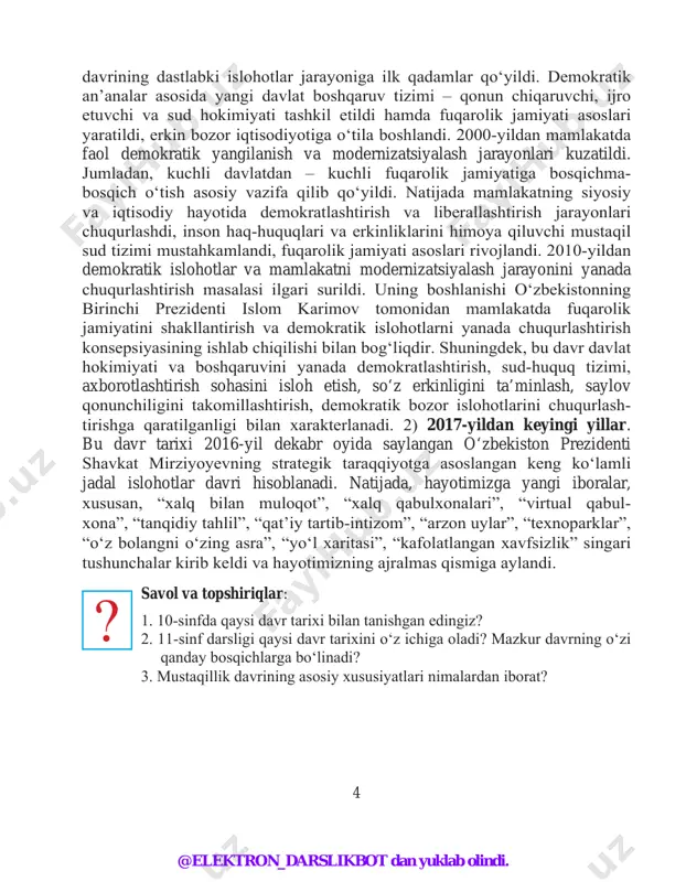 arini chuqurlash- tirishga qaratilganligi bilan xarakterlanadi. 2) 2017-yildan keyingi yillar. bu davr tarixi 2016-yil dekabr oyida saylangan o‘zbekiston prezidenti shavkat mirziyoyevning strategik taraqqiyotga asoslangan keng ko‘lamli jadal islohotlar davri hisoblanadi. natijada, hayotimizga yangi iboralar, xususan, “xalq bilan muloqot”, “xalq qabulxonalari”, “virtual qabul- xona”, “tanqidiy tahlil”, “qat’iy tartib-intizom”, “arzon uylar”, “texnoparklar”, “o‘z bolangni o‘zing asra”, “yo‘l xaritasi”, “kafolatlangan xavfsizlik” singari tushunchalar kirib keldi va hayotimizning ajralmas qismiga aylandi. savol va topshiriqlar: 1. 10-sinfda qaysi davr tarixi bilan tanishgan edingiz? 2. 11-sinf darsligi qaysi davr tarixini o‘z ichiga oladi? mazkur davrning o‘zi qanday bosqichlarga bo‘linadi? 3. mustaqillik davrining asosiy xususiyatlari nimalardan iborat? ? @elektron_darslikbot dan yuklab olindi. 5 i bob. mustaqillikning e’lon qilinishi va o‘zbekistonda ijtimoiy-siyosiy islohotlarning boshlanishi 1-mavzu. o‘zbekiston respublikasi mustaqilligining qo‘lga kiritilishi mustaqillik deklaratsiyasining qabul qilinishi. 1990-yil 20-iyun kuni o‘zbekiston ssr oliy kengashining ii sessiyasida o‘zbekiston ssrning mustaqillik deklaratsiyasi qabul qilindi. mustaqillik deklaratsiyasidagi “o‘zbekistonning kelajagi uchun tarixiy mas’uliyatni chuqur his …