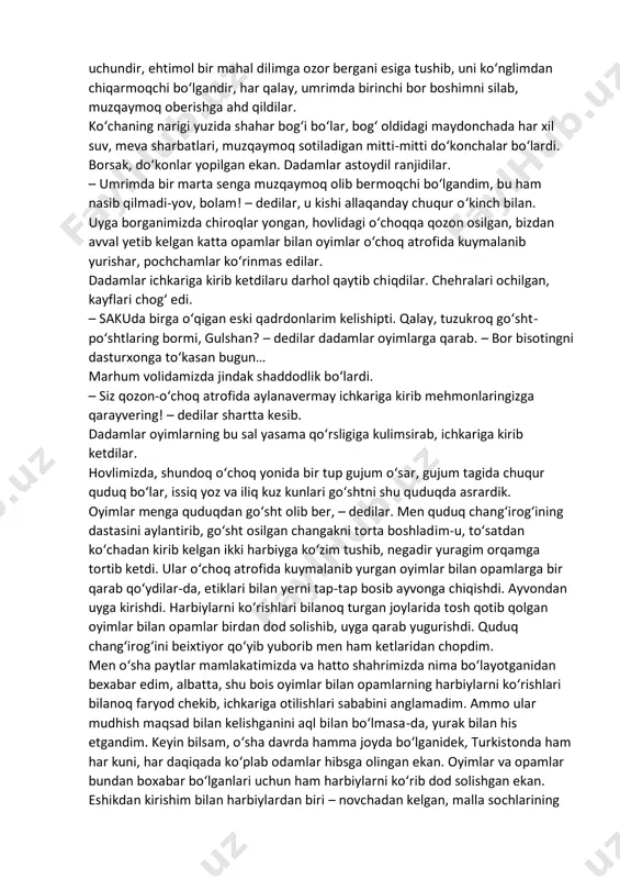 men parvoyi falak, qoʻlimdagi grafinni oʻynatib uyga qaytdim. yoʻlim yogʻoch va temir qoziqlar qoqilgan mol bozoridan oʻtardi. toʻsatdan nimadir “shaq” etdi. qarasam, qoʻlimdagi grafin temir qoziqlardan biriga tegib, tangaday joyi oʻpirilib tushibdi. yuragim orqamga tortib ketdi. uyga qaytishga jurʼat qilolmay anchagacha bogʻimiz poyidagi soy boʻyida aylanib yurdim. nihoyat, yuragimni hovuchlab uyga kirib bordim. oyimlar meni koʻrib: – qayoqlarda daydib yuribsan, bevosh? dadang shoʻrlik kutaverib diqqinafas boʻp ketdilar-ku! – deb koyidilar, soʻng grafindagi teshikka koʻzlari tushib, qoʻlimdan ushlagancha ichkariga sudradilar. dadamlar ulkan, chorxari uyimizning toʻrida kitob varaqlab, yonboshlab yotardilar… – doʻkonda qimiz yoʻq ekan, bu ham yetmagandek, oʻgʻlingiz grafinni sindirib qoʻyibdi… – oyimlar shunday deb grafinni dadamlarning oldidagi xontaxtaga qoʻydilar. keyinchalik oyimlar bu ishlaridan pushaymon boʻlib koʻp gapirganlar. “nega shunday qilganimni oʻzim ham bilmayman, bolam, dadanglarning nochor ahvoli hammamizni ezib qoʻygan edi”, deguvchi edilar, rahmatlik. dadamlar shitob bilan qadlarnii rostladilaru xontaxtadagi grafinni olib, menga qarab otdilar. zarb bilan otilgan grafin shundoq …