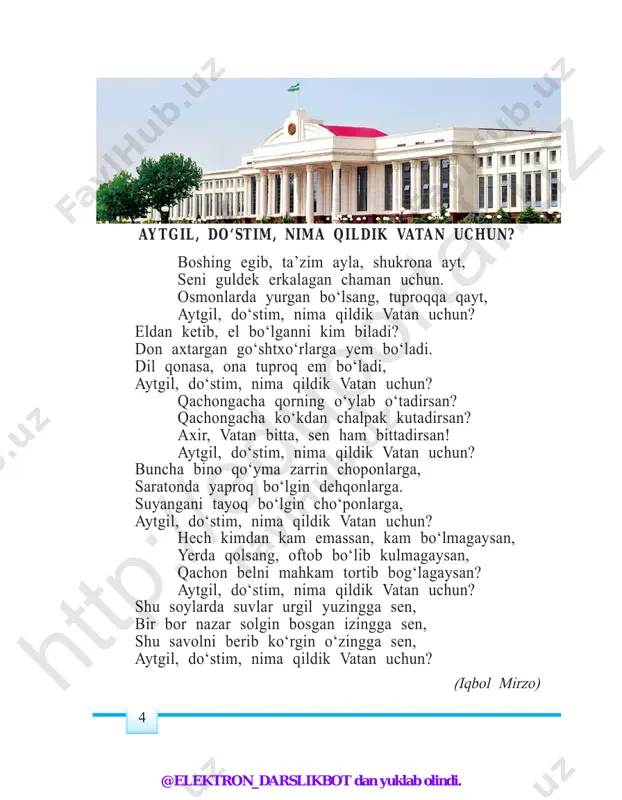 ir hikoyat bor: xalifa xorun ar-rashid tush ko‘radi. tushida barcha tishlari to‘kilib ketgan emish. xalifa tushni ta’bir qiluvchidan tushining ma’nosini so‘raydi. u shunday deydi: «sendan oldin barcha yaqinlaring, qarindosh-urug‘laring o‘ladi. sendan boshqa hech kim qolmaydi». bu so‘zni eshitgan xorun ar-rashid: «sen mening yuzimga bunday qayg‘uli so‘zni aytding. mening barcha qarindosh-urug‘larim o‘lsa, so‘ngra men qanday ishga yarayman-u, qanday yashayman?» – deydi darg‘azab bo‘lib va unga yuz darra urishni buyuradi. keyin boshqa bir ta’birchini chaqirib, undan tushining ma’nosini so‘raydi. u bunday deydi: «sening umring barcha qarindoshlaring umridan uzun bo‘ladi». shunda xorun ar- rashid: «barcha aqlning yo‘li birdir va ikkala ta’birning negizi bir yerga boradi, ammo bu ibora bilan u iboraning orasida farq bag‘oyat ko‘pdir», – deydi va unga yuz tillo berishni buyuradi. 3-mashq. alisher navoiyning «tilga ixtiyorsiz – elga e’tiborsiz» degan hikmatli so‘zini sharhlab, kichik hikoya tuzing.htt p:/ /ed up ort al. uz @elektron_darslikbot dan yuklab olindi. 7 1. dunyodagi qaysi tillarni …