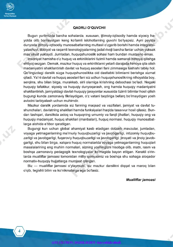 esa uygʻun va barqaror jami- yatning asosidir. davlat va huquq asoslari fanini oʻrganishda sizga tarix, tarbiya, ona tili va adabiyot, iqtisodiy bilim asoslari, geografiya, biologiya hamda matematika fanlari yaqindan yor- dam beradi. davlat va huquq asoslari fanini oʻrganish jarayonida sizda quyidagilar 5 oʻzgalar huquqlarini hurmat qilish; huquqbuzar- liklarga nisbatan murosasizlik; huquqiy madaniyatli boʻlish. huquqiy bilim va huquqiy ong; shaxs sifatida oʻzlikni anglash; ijtimoiy moslashuvchanlik va faol fuqarolik pozitsiyasi; rospublika ta'lim markozi shakllanadi @elektron_darslikbot dan yuklab olindi. i bob shaxs, jamiyat va davlat @elektron_darslikbot dan yuklab olindi. shaxs, jamiyat va davlat rospvblika ta'lim markazi 1–2-dars. shaxs odamiy ersang, demagil odami, onikim, yo‘q xalq g‘amidin g‘ami. alisher navoiy f faollashtiruvchi savollar 1. rasmlarda tasvirlangan odamlar jismoniy, moddiy, aqliy, ma’naviy jihatlari bilan bir-biridan qanchalik farq qila- di deb o‘ylaysiz? 2. sizning fikringizcha, rasmlardagi odamlarning qanday umumiy jihatlari bor? 3. “odam”, “inson” va “shaxs” tushunchalari bir-biridan o‘zaro farq qiladimi? 4. shaxs jamiyatning to‘laqonli a’zosi …