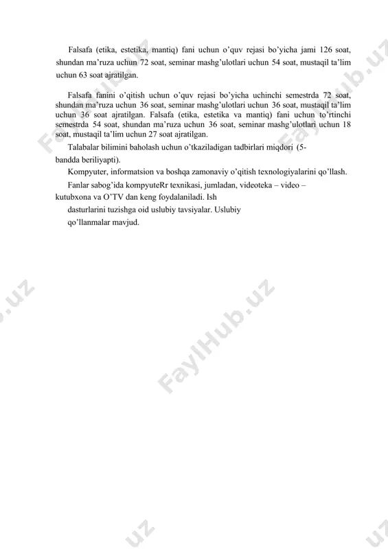 tafakkur mustaqilligini shakllantirishda, ularni komil inson qilib tarbiyalashda falsafiy dunyoqarashning roli. qadimgi sharq va markaziy osiyo, qadimgi yunon va rim xalqlari falsafasi qadimgi bobil va misrda ilk falsafiy qarashlarning vujudga kelishi, ularda olam va odam munosabatlarining ifodalanishi. qadimgi hindistonda diniy-falsafiy ta’limotlarning paydo bo’lishi. hinduizm, buddizm, joynizm, lakoyata, chorvaka ta’limotlarining mohiyati. qadimgi xitoyda paydo bo’lgan falsafiy oqimlar: daosizm, konfutsiylik, maosizm. qadimgi turonda paydo bo’lgan diniy-falsafi ta’limotlar: zardushtiylik, moniylik va mazdakchilik. zardushtiylikning muqaddas kitobi - «avestoda» olam va odam, tabiat va inson, inson va jamiyat munosabatlarining tahlili. moniy ta’limotining mohiyati. mazdak ta’limotida tenglik va adolat g’oyalari. qadimgi yunonistonda falsafiy fikrning paydo bo’lishi va rivojlanishi. yunon faylasuflarining borliq va uni bilish haqidagi ta’limotlari: geraklit va pifagor. falsafada atomistik ta’limotning vujudga kelishi: levkip va demokrit. yunon falsafasining dialektik xarakteri. epikurning falsafiy-axloqiy qarashlari. yunonistonda falsafiy fikrlar taraqqiyotida sokrat, platon va aristotelning tutgan o’rni. qadimgi rim falsafasi. lukretsiy kar va uning tabiat falsafasi. tsitsironning eklektik falsafiy …