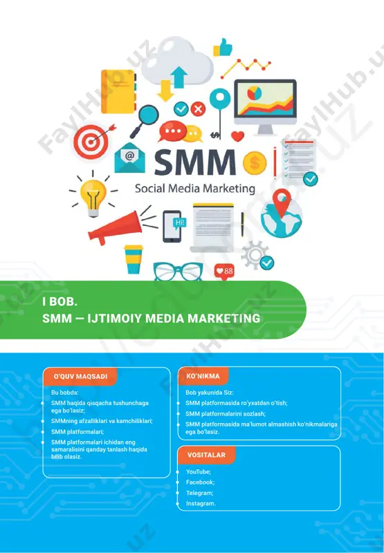 agi blog, ijtimoiy tarmoq va boshqalar kiradi. buni bilasizmi? diqqat smm deganda nimani tushunasiz? sizningcha, smm nima uchun kerak? brend nima? ijtimoiy media marketing (smm — social media marketing) — mahsulot va xizmatlarni targ‘ib qilish, xaridorlarni jalb qilish hamda mahsulotlarni to‘g‘ridan to‘g‘ri sotish faoliyatini ijtimoiy medialarda amalga oshirish. tayanch tushunchalar ijtimoiy media — ko‘plab faol foydalanuvchilarga ega internet platforma. smm (ijtimoiy media marketing) — marketing faoliyatining ijtimoiy mediada amalga oshirilishi. brend — bir mahsulotning boshqa mahsulotlardan farqlanib turuvchi dizaynga ega belgisi. maqsadli auditoriya — mahsulotingizni sotib olish yoki xizmatingizdan foydalanish ehtimoli yuqori bo‘lgan shaxslar. kontent — maqsadli loyiha uchun yaratilgan sahifa, videorolik yoki tasvir. platforma — o‘zining imkoniyati va funksiyalari orqali boshqa tizimlarni yo‘lga qo‘yishga xizmat qiluvchi “o‘zak dastur”. millionlab foydalanuvchilar o‘z vaqtining aksariyat qismini ijtimoiy tarmoqlarda o‘tkazadi: maqola o‘qishadi, rasm tomosha qilishadi, do‘st-birodarlari bilan suhbatlashishadi. bunday katta auditoriya marketing faoliyatini yuritish uchun eng katta yutuq hisoblanadi. shu sababli, ijtimoiy …