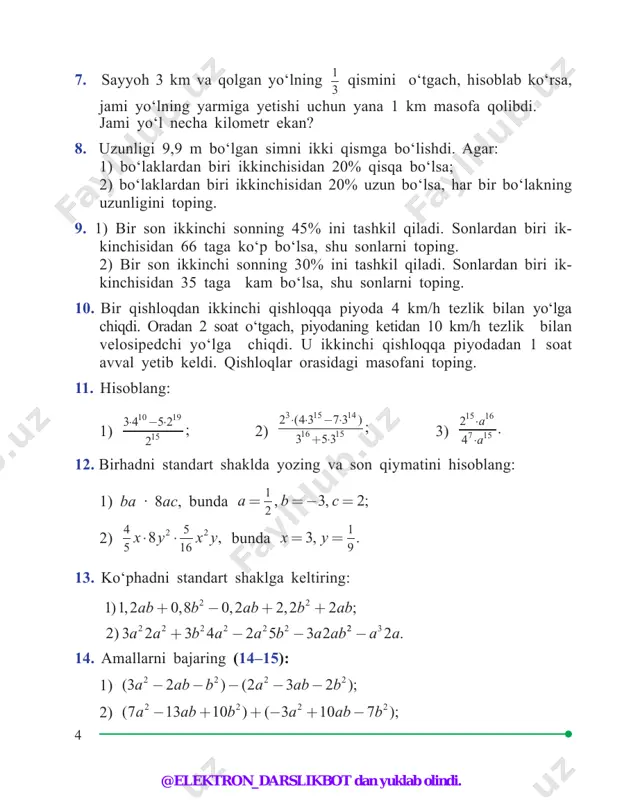 ‘plagan bo‘lsa, u nechta savolga to‘g‘ri javob bergan? 22. uch xonali sonning raqamlari bittadan kamayib boradi. shu sondan raqamlari unga teskari tartibda yozilgan sonni ayirish natijasida hosil qilingan son 2 ga, 9 ga, 11 ga bo‘linadi. shuni isbotlang. 23. avtomobil 60 km/h tezlik bilan 4 soat yurdi. shu yo‘lga 1 soat kam vaqt sarflash uchun u tezligini necha protsentga oshirishi kerak? 24. ikki qishloq orasidagi masofani bir sayyoh 2 soatda, ikkinchi sayyoh esa 3 soatda o‘tadi. agar ular bu qishloqlardan bir-biriga qarab bir vaqtda yo‘lga chiqishsa, qancha vaqtdan so‘ng uchra shadilar? 25. mahsulotning narxi a so‘m edi. bu narx q % ga arzonlashdi. ma’lum vaqt o‘tgach, yangi narx p % ga ko‘tarildi. hozir o‘sha mahsulot necha so‘mdan sotilyapti? 26. to‘g‘ri to‘rtburchakning eni a ga, bo‘yi b ga teng. uning eni p % ga uzaytirildi, bo‘yi esa q% ga kamaytirildi. hosil bo‘lgan to‘g‘ri to‘rt- burchakning yuzini hisoblang. 27. mashina v1 km/h …