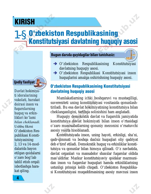 n ijtimoiy munosabatlarni tartibga soladi va xalqning xohish-irodasini ifoda etadi, turli siyosiy kuchlar, ijtimoiy tabaqalar, guruhlar manfaatlarining o‘zaro murosasini ta’minlaydi. quyidagi rasm- larda ifodalangan shaxslar va davlat o‘rtasida qanday munosabatlar bor? o‘zbekiston respublikasida o‘zbekiston res- publikasi konsti- tutsiyasi va qonun- larining ustunligi so‘zsiz tan olinadi. davlat, uning or- ganlari, mansabdor shaxslar, jamoat birlashmalari, fuqa- rolar konstitutsiya va qonunlarga mu- vofiq ish ko‘radilar. o‘zbekiston respublikasining konstitutsiyasi, 15-modda ijodiy faoliyat 6 o‘zbekiston respublikasi konstitutsiyasi inson huquqlarini amalga oshirishning huquqiy asosi konstitutsiyaviy davlat deganda davlat hokimiyati idoralari konstitutsiyada belgilangan tartib va prinsip lar asosida shakllantiriladigan va konstitutsiyaviy nor- malarga qat’iy rioya etgan holda o‘z faoliyatini amalga oshiradigan davlat apparati tushuniladi. konstitutsiyaviy davlat — mamlakatning butun hududida va davlat fao- liyatining barcha sohalarida konstitutsiyaning hamda u asosida qabul qilingan qonunlarning ustunligini ta’min- laydigan va kafolatlaydigan davlatdir. xalq suvereniteti oliy hokimiyat xalqqa tegishli ekanligini bildirsa, davlat suvereniteti mustaqil hokimiyat, ya’ni mamlakatning ichki va tashqi siyosatini …