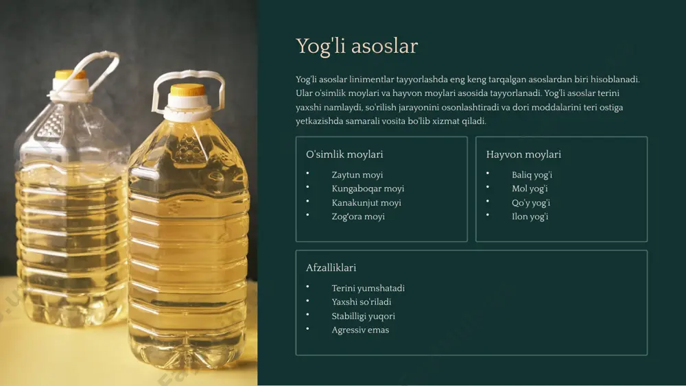 sevtik texnologiya rivojlanishi bilan linimentlar uchun yangi asoslar va tayyorlash usullari ishlab chiqilmoqda. nanotehnologiyalar va polimer fanining yutuqlari linimentlarning samaradorligini sezilarli darajada oshirishga imkon berdi. nano-linimentlar nanopartikulalar asosida tayyorlangan linimentlar dori moddalarini teri ostiga chuqurroq yetkazadi. liposomalar va nanoemulsiyalar keng qo'llanilmoqda. transdermal tizimlar zamonaviy linimentlar teri to'sig'ini nazorat ostida o'tib, sistematik ta'sir ko'rsatishi mumkin. bu og'riqsizlantirishda inqilobiy yondashuv hisoblanadi. tabiiy asoslar o'simlik kelib chiqishli asoslar — shea yog'i, kokos yog'i, argan moyi — zamonaviy linimentlarda keng qo'llanilmoqda. ekologik va gippoallergenik mahsulotlar talabi o'smoqda. 13 xulosa: asoslarni tanlash mezonlari liniment uchun asosni to'g'ri tanlash — sifatli dori shaklini yaratishning asosiy sharti. quyidagi omillar asosni tanlashda hal qiluvchi rol o'ynaydi: dori maqsadi mahalliy yoki sistematik ta'sir kerakmi? eruvchanligi dori moddasining asosda eruvchanligi teri muvofiqligi bemorning teri turi va allergik holati barqarorlik saqlash muddati va sharoitlari to'g'ri tanlangan asos — samarali va xavfsiz linimentning garovi! 14 e'tiboringiz uchun rahmat 15 image-2-1.png image-3-1.png image-3-2.png …