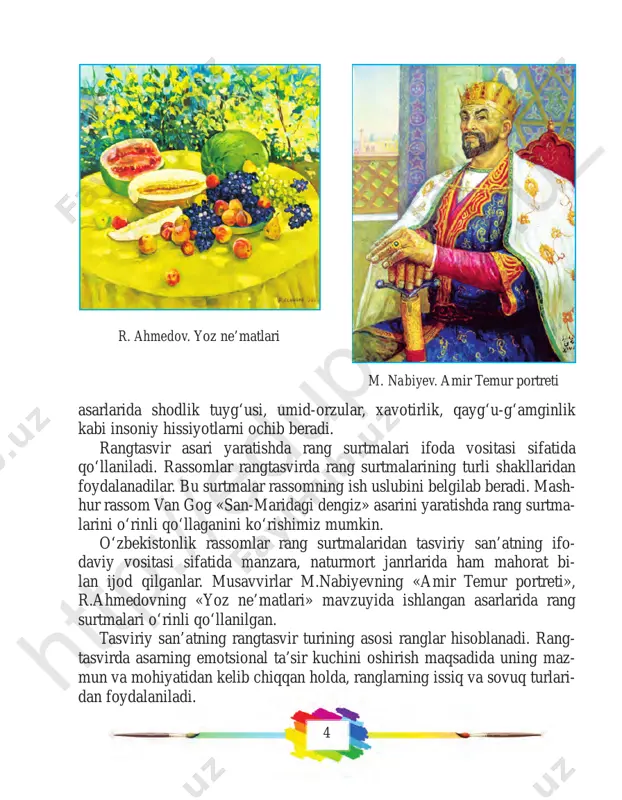 shtrixlash namunalarihtt p:/ /ed up ort al. uz htt p:/ /ed up ort al. uz 8 yuqoridagi rasmlarda ko‘rsatilgan ishlarda shunday usul qo‘llanilgan. bu texnika xitoylik rassomlar orasida ommalashgan. grafi ka asari yaratishda shtrixlardan ifodaviy vosita sifatida qo‘llaniladi. rassomlar grafi kada shtrixlashning turli shakllaridan foydalanadilar. bu shtrixlar rassomning ish uslubini belgilab beradi. masalan, rassom tomoni- dan «ov qilayotgan mushuk» kompozitsiyasini yaratishda shtrixlar o‘rinli qo‘llanganini ko‘rishimiz mumkin. rassom pablo pikassoning «tinchlik kabutari» nomli asari ham bunga yaqqol misol bo‘la oladi. sharni shtrixlashda yoysimon shtrixdan foydalanish «ov qilayotgan mushuk» kompozitsiyasi p. pikasso. «tinchlik kabutari» sharsimon narsalarni shtrixlash usuli shtrixlash usuli htt p:/ /ed up ort al. uz htt p:/ /ed up ort al. uz 9 grafi ka asari yaratishda qiya shtrixlar ifodaviy vosita sifatida foydalani- ladi. bu qiya shtrixlar narsalarning fakturasini, qanday materialligini belgi- lab beradi. masalan, kesilgan daraxt tanasining tasvirini ishlashda shtrixlar o‘rinli qo‘llanilganini ko‘rishimiz mumkin. grafi k asarlarda nuqtalardan ham …
