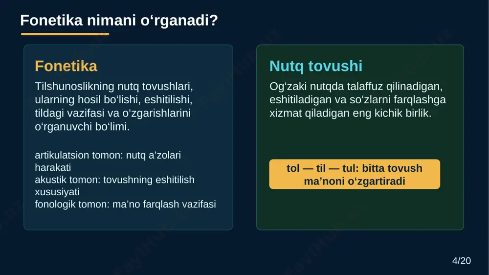 o‘rta y til orqa g, k, ng chuqur til orqa / bo‘g‘iz q, g‘, x • h savol: tovush qayerda hosil bo‘lyapti? labdami, tildami, bo‘g‘izdami? 12/20 hosil bo‘lish o‘rnini aniqlashda abituriyent tovush talaffuzida qaysi a’zo faolroq ishtirok etayotganini tasavvur qilishi kerak. lab-lab va lab-tish undoshlarini lab undoshlari ichida ajrating. * undoshlar: hosil bo‘lish usuliga ko‘ra portlovchi b, p, d, t, g, k, q havo yo‘li to‘silib, keyin birdan ochiladi sirg‘aluvchi v, f, z, s, y, x, h, sh, g‘, j havo tor yo‘ldan sirg‘alib chiqadi qorishiq ch, j portlash va sirg‘alish qo‘shilib keladi burun m, n, ng havo burun bo‘shlig‘i orqali o‘tadi yon / titroq l / r yon tomondan o‘tish yoki titrash seziladi 13/20 hosil bo‘lish usuli testlarda ko‘p uchraydi. jadvalni yodlashdan tashqari har bir guruhni talaffuz qilib ko‘rsatish samarali: p/b portlashi, s/z sirg‘alishi, m/n/ng burun ohangi, r titrashi seziladi. * undoshlar: ovoz va shovqin ishtirokiga ko‘ra jarangli ovoz …
