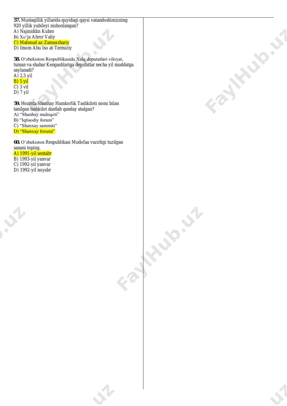 i to‘g‘risida» 33. o’zbekiston respublikasida mavjud quyidagi siyosiy partiyalarning tashkil topgan yillari mos ravishda ko‘rsatilgan javobni aniqlang. 1) xalq demokratik partiyasi; 2) «adolat» sotsial-demokratik partiyasi; 3) o’zbekiston liberal-demokratik partiyasi. a) 2003-yil; b) 1995-yil; c) 1991-yil. a) 1-a, 2-c, 3-b b) 1-b, 2-c, 3-a c) 1-c, 2-a, 3-b d) 1-c, 2-b, 3-a 34. o’zbekiston respublikasi oliy kengashi tomonidan bir yilda qabul qilingan qonunlar to‘g‘ri ko‘rsatilgan javobni belgilang. 1) «o’zbekiston respublikasi prezident saylovi to‘g‘risida»gi; 2) «ta’lim to‘g‘risida»gi yangi tahrirdagi qonun; 3) «mulkni davlat tasarrufidan chiqarish va xususiylashtirish to‘g‘risida»gi; 4) «fuqarolarning o‘zini o‘zi boshqarish organlari to‘g‘risida»gi. a) 1, 3 v) 1, 4 c) 2, 4 d) 2, 3 35. o’zbekistonda so‘m-kupon (1) va milliy valyuta - so‘m (2) muomalaga kiritilgan sanalarni aniqlang. a) 1992-yil 16-oktabr; b) 1993-yil 1-noyabr; c) 1994-yil 1-iyul; d) 1996-yil 16-iyun. a) 1-d, 2-a b) 1-b, 2-d c) 1-c, 2-b d) 1-b, 2-c 36. mamlakatimizda faoliyat ko‘rsatayotgan chet el oliy …