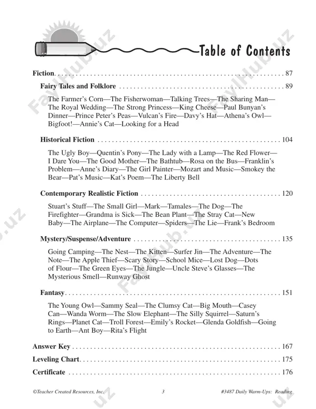 lassroom agenda will find dramatic improvement in students’ abilities to read and comprehend passages of writing. nonfiction and fiction daily warm-ups: reading is divided into two sections—nonfiction and fiction. students benefit from being exposed to a variety of reading genres. the nonfiction section of this book is divided into five categories relating to animals, geography, science, american history, and health and wellness. students will explore a variety of nonfiction topics and learn to consider each critically through questions following each passage. the fiction section of the book includes fairy tales and folklore, historical fiction, contemporary realistic fiction, mystery/suspense/adventure, and fantasy. questions follow each story to stimulate further analysis of plot, characters, setting, and theme. comprehension questions solid comprehension is the goal of any reading assignment. the student who can read and comprehend a passage skillfully performs well on tests and critical thinking assignments. as importantly, these students take pleasure in …