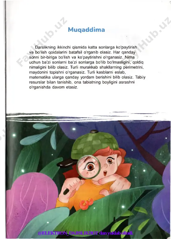 95 : 5 @elektron_darslikbot dan yuklab olindi. f t 4. ifodani yozing va hisoblang. a) 7 quti dori uchun 91 ming so‘m to'landi. bitta quti qancha turadi? b) 52 ta “tez yordam” mashinasini 4 ta stansiyaga teng bo'lishdi. har bir stansiyaga nechtadan mashina berilgan? d) 84 metrlik dokani qirqib, 6 metrlik bint tayyorlandi. bitta dokadan nechta bint chiqar ekan? 41. ikki xonali sonni bir xonali songa bo4ish f t 5. kasalxona uchun 135 ta termometr sotib olindi. termometrlar bir xil qutilarga bir necha donadan solingan ekan. birinchi bo'limga 2 quti, ikkinchi bo'limga 3 quti, uchinchisiga esa 4 quti yuborildi. har bir qutida nechtadan termometr bor? yechish uchun quyidagi chizmadan foydalaning. i bo'lim bo'lim 2 quti bo'lim 3 quti — i— + 4 quti h---------- h ► 135 ta termometr 6. tenglamalarni yeching. javobini tekshiring. 5 • x = 225 749 : u = 7 z : 8 — 56 7. …