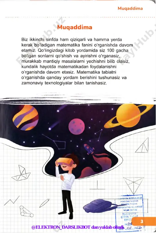 79 61 - b = 40 7. daftaringizga: a) ab to‘g‘ri chiziqni; b) ab to‘g‘ri chiziqni kesib o'tadigan cd kesmani; d) bu to'g'ri chiziq va kesmada yotmaydigan m nuqtani; e) cm nurni; f) ab to‘g ‘ri chiziq va cd kesmani kesib o'tmaydigan kl kesmani chizing. ab to'g'ri chiziq va cd kesmaning kesishish nuqtasini o harfi bilan belgilang. 8. uyda har bir bolaning o ‘zi parvarishlaydigan xonaki gullari bor. bu gullar jami 58 ta. agar anvar 22 ta gulni, karim esa 16 ta gulni parvarishlasa, malika nechta gulni parvarishlaydi? dm edi. 7dm @elektron_darslikbot dan yuklab olindi. takrorlash yondosh mavzu: uy hayvonlari perimetr, siniq chiziqning uzunligi. y 1. taqqoslang. topshiriqni amallarni hisoblamasdan bajarishga harakat qiling. a) 10 + 11 + 12 + 14 □ 14 + 13 + 11+10 b) 20 + 30 + 40 + 50 □ 20 + 30 + 4 + 50 d) 5 + 6 + 7 + …
