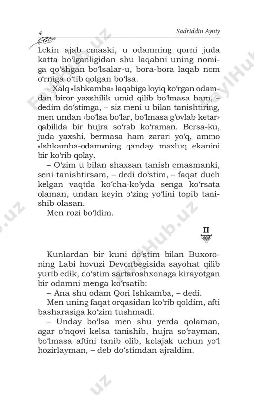 adi. – nega bo‘lmasa kichikroq qilmaysiz? kichikroq bo‘lsa-ku, doka ham ozroq ketadi, sovun ham ko‘p sarf bo‘lmaydi, – dedi sartarosh. – bu sallam – yirtish oluvchi salla, – dedi qori ishkamba javobida, – buni boshimga o‘rab mozorboshida, o‘liklarni ko‘mayotgan chog‘da hozir bo‘lsam boshqa odamlarga bir gazdan yirtish berayotgan bo‘lsalar, menga ikki gaz be­ radilar. sartarosh gapira-gapira ustarani qayrab oldi. ustara bilan o‘z bilagidagi junlarni tarosh­ lab, o‘tkirligini sinab ko‘rgandan keyin qori ishkambaning bo‘yniga lungini o‘rab yana ga­ pira boshladi: – sizni tanimaganlar albatta janozalariga xabar qilmaydilar, taniydiganlar bo‘lsa xoh sal­ langiz katta bo‘lsin, xoh kichik bo‘lsin, sizga munosib ko‘rilgan o‘lchamda yirtish beradilar. buning uchun sallani katta qilib, dokani nobud qilish nega kerak? – siz sodda ekansiz, – dedi qori ishkam­ ba, – agar meni janozalariga xabar qiladigan o‘liklarning yirtishlariga qarab tursam, soch oldirish pulini qayerdan topaman? men kun­ da peshin namozi vaqtida devonbegi xonaqo­ hining sahnida hozir bo‘laman. janoza o‘qish …