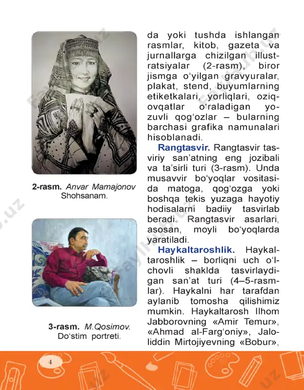jonsiz narsalar tas- virlanadi (15-rasm). fransuzcha «nature morte» - «jon­ siz tabiat» degan m a’noni bildiradi. manzara janri 9-rasm. usmon mamajonov. oltin kuz. maishiy janr 10-rasm. ortiqali qozoqov. hovlimizda bahor. tarix iy ja n r 11-rasm. alisher aliqulov. sardoba. batal janri 12-rasm. alisher aliqulov. bayroq uchun jang. a n im a lis tik ja n r 13-rasm. alisher aliqulov. arg‘umoqlar. marinistik janr 14-rasm. ortiqali qozoqov. sirdaryo. n a tyu rm ort ja n ri 15-rasm. sarvar sulaymonov. anorli natyurmort. ot rasmini ishlash bosqichlari. o‘tilgan mavzuni mustahkamlash uchun savollar: 1. tasviriy san’atning qanday turlari bor? 2. tasviriy san’at janrlari bir-biridan nimasi bilan farq qiladi? uyga topshiriq: 1. atamalar uchun alohida daftar tuting va unga mavzu matnidagi ajratib ko‘rsatilgan so‘zlarni yozib boring. 2. manzara janriga «kuz» mavzusida yoki animalis­ tik janriga ot rasmini ishlash. 12 «qovun va anor» mavzusida natyurmort ishlash ona vatanim izda yetishtirilgan m evalar o ‘zining chiroyli shakli va …
