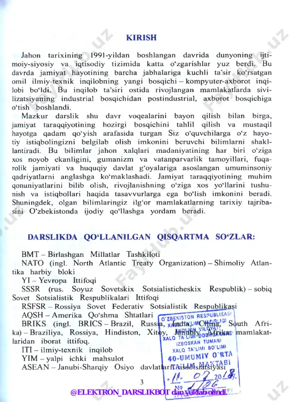 ‘ng global to‘qnashuv xavfi o‘rnini lokal urushlar xavfi egalladi. sobiq sssr va yugoslaviya hududlaridagi muammolardan tashqari yaqin sharqdagi holat ham tangligicha qoldi. shuningdck, hindiston va pokistonning yadro quroliga ega boiish uchun qilgan intilishlari shu mintaqadagi ziddiyatlarni kuchaytirdi. dunyoning turli mintaqalaridagi siyosiy bcqarorlik yangidan yangi mojarolarni kcltirib chiqardi. 1990-yillar oxirida tropik va janubiy afrikaning bir qator mamlakatlari qonli urushlar, davlat to‘ntarishlari, partizanlik harakatlari maydoniga aylandi. x x i asr boshlaridagi xalqaro munosabatlar. x x i asr boshlariga kelib jahonda yangi qudratli davlatlarning paydo bo‘lishi va ularning muqobil markazlarga aylanish jarayoni ko‘zga tashlanib qoldi. bu davlatlar ta’sirining oshishida ularning iqtisodiy imkoniyatlarini o‘sishi asosiy omil bo‘ldi. hindiston, pokiston va shimoliy koreyaning yadro quroliga ega bo‘lishi bu davlatlarning xalqaro munosabatlarda musta- qilligini oshirdi. eron ham o‘z rolini oshirishga intilib, boshlagan yadroviy dasturi jahon jamoatchiligini qattiq tashvishga soldi. rang-barang dunyo 5 @elektron_darslikbot dan yuklab olindi. xitoy va braziliyaning jadal rivojlanishi ularni «uchinchi dunyo» mamlakatlari qatoridan …