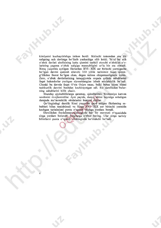 xning o‘g:li abulxayrxon siyosat maydoniga chiqdi. abul- sharqiy dashti qipchoqda o'zbek daviatining tashkil topishi 5 xayrxon yosh bo'lishiga qaramay kuchli sarkardalik qobiliyatiga ega edi. taxt uchun kurashda uni ulusdagi doimiy nizolardan aziyat che- kayotgan boshqa o‘zbek qabilalari hamda ruhoniylar qo‘llab-quvvat- ladilar. natijada, abulxayrxon 1428-yilda ,,0 ‘zbek ulusi“ deb atal- gan davlatga asos soldi. janubi-g‘arbiy sibirdagi tura shahri bu davlatning poytaxti deb e’lon qilindi. 1431-yilda esa o‘z davlatini oltin 0 ‘rdadan mustaqil deb e’lon qildi. 1446-yilda esa sirdaryo- ning o‘rta oqimida joylashgan sig'noq, oqqo‘rg‘on, arquq, 0 ‘zgan va suzoq shaharlarini bosib oldi. davlat poytaxtini esa sig‘noqqa ko‘chirdi. bu endi abulxayrxonning temuriylarga qarshi kurashga kirishganligini anglatar edi. temuriylar o‘rtasida samarqand tax- ti uchun kurash kuchaygan bir paytda abulxayrxon vaziyatdan foy- dalanishga harakat qildi. u 1451-yilda o‘zidan madad so‘ragan temu- riyzoda abu said mirzoga samarqand taxtini egallashda yordam berish bahonasida yurish boshladi. abulxayrxon ko‘rsatgan yordami evaziga kattadan katta sovg‘alar bilan o‘z yurtiga qaytdi. …