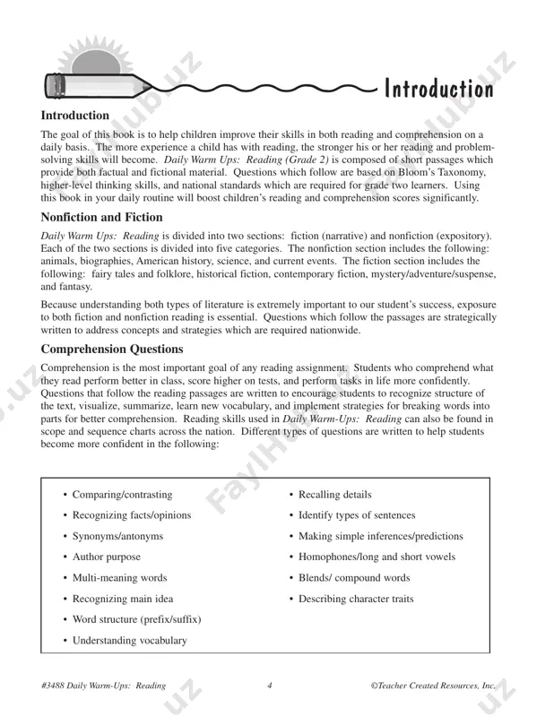 evel thinking skills, and national standards which are required for grade two learners. using this book in your daily routine will boost children’s reading and comprehension scores significantly. nonfiction and fiction daily warm ups: reading is divided into two sections: fiction (narrative) and nonfiction (expository). each of the two sections is divided into five categories. the nonfiction section includes the following: animals, biographies, american history, science, and current events. the fiction section includes the following: fairy tales and folklore, historical fiction, contemporary fiction, mystery/adventure/suspense, and fantasy. because understanding both types of literature is extremely important to our student’s success, exposure to both fiction and nonfiction reading is essential. questions which follow the passages are strategically written to address concepts and strategies which are required nationwide. comprehension questions comprehension is the most important goal of any reading assignment. students who comprehend what they read perform better in class, score higher on …