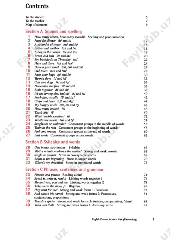 book? at the end of the book there is a key with answers to all the exercises. the cds or cassettes contain all the recordings for the left- and right-hand pages of the units, and section e. how should i use the course? you can simply study the units from 1 to 50, or you can alternate units from different sections. for example, you could do unit 1, then unit 28, then unit 33, then unit 44, then unit 2, and so on. if you want to focus your work more closely, you can look at the guide for speakers of specific languages in section e2. this tells you which units are most important for speakers of different languages. in section a, if you have problems hearing the difference between individual sounds, go to the sound pair indicated (in section e3). english pronunciation in use (elementary) 5 when you are …