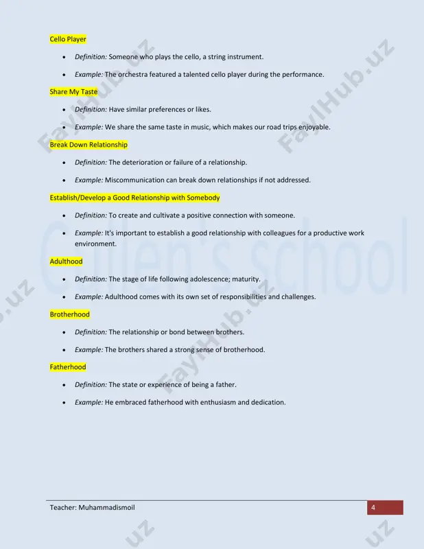 ild a working relationship for effective teamwork. adj  a close/long-lasting/working/successful relationship  example: a successful relationship requires trust and open communication. preparation  a relationship with somebody  example: the therapist helps individuals in preparing for a healthy relationship with themselves and others. teacher: muhammadismoil 9 a relationship between two things or people  example: there is a complex relationship between stress and physical health. 3.1 physical resemblance  definition: similarities in appearance or physical features.  example: the siblings had a striking physical resemblance. immediate family  definition: close family members, including parents and siblings.  example: immediate family members often share a strong bond. extended family  definition: relatives beyond the immediate family, such as aunts, uncles, and grandparents.  example: our extended family gathers for holidays to celebrate together. family gathering teacher: muhammadismoil 10  definition: a gathering or reunion of family members for a specific …