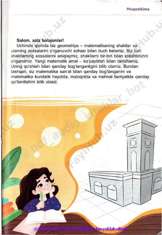 >' 5. devorga osilgan plakat uzunligi 65 cm va kengligi uzunligidan 20 cm qisqa bo'lgan to‘g‘ri to'rtburchak ko'rinishiga ega. plakat joylashtirilgan ramkaning perimetrini toping. ■ ta t 6. ifodalarni hisoblang. ularga mos harflarni ifodalarning qiymatlariga teng nuqtalarga qo'ying. plakat boshqacha yana qanday ataladi? e (765 - 583) - 62 r 706 - 478 - 98 o 17 + (819 - 796) s 655 - (456 + 139) ^ i p 534 - (179 + 345) t 218 + 237 - 375 ^ 4 - g 4— h h 1 h t 10 20 30 4 0 50 60 70 80 90 100 110 120 130 7. sonlar xossalaridan foydalanib, qulay usul bilan hisoblang. 45 + 296 + 55 + 4 78 + 302 + 22 + 98 1 + 3 + 5 + 7 + 9 . 102 + 104 + 106 + 108 10 + 30 + 50 + …