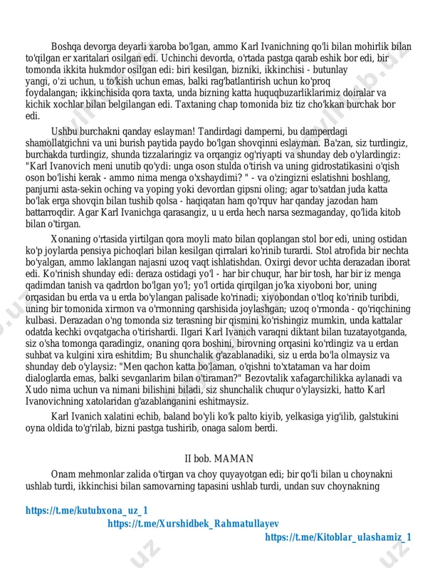 hat tarixi], qizil tusda, devorga tantanali ravishda turdi; va keyin uzun, qalin, katta va kichik kitoblar paydo bo'ldi - kitoblarsiz qobiqlar va qobiqsiz kitoblar; dam olishdan oldin kutubxonani tartibga keltirishga buyruq berganlarida siz u erda hamma narsani bosar edingiz va uni yopishtirar edingiz, chunki karl ivanovich baland ovoz bilan ushbu tokchani chaqirdi. kitoblarning yig'ish o'z, agar bizning kuni sifatida keng, yana ham turli edi. men ulardan uchtasini eslayman: karam go'ngi bo'yicha nemischa risola - cheklanmagan, etti yillik urush tarixining bir jildi - bir burchakdan yondirilgan pergamentda va to'liq gidrostatik kurs. karl ivanovich ko'p vaqtini o'qish bilan o'tkazgan, hattoki bu bilan uning ko'zini buzgan; ammo bu kitoblardan va "shimoliy ari" dan tashqari u hech narsa o'qimagan. karl ivanichning javonida yotgan buyumlar orasida, eng muhimi, uni eslatib turadigan narsa bor edi. bu yog'ochdan yasalgan oyoqqa kiritilgan kartondan yasalgan doira bo'lib, unda bu aylana pinalar yordamida siljitilgan. kupaga biron bir xonim va sartaroshning …